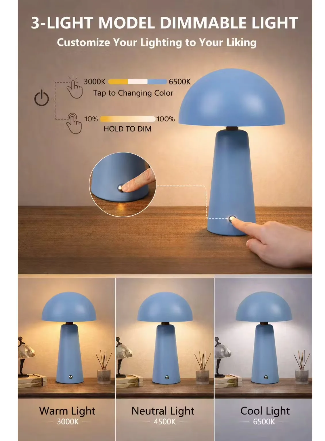 Quality Lamp with LED, Battery, 9.5" Blue Dome Rechargeable LED Portable - Blue Metal Model 4A6C4B