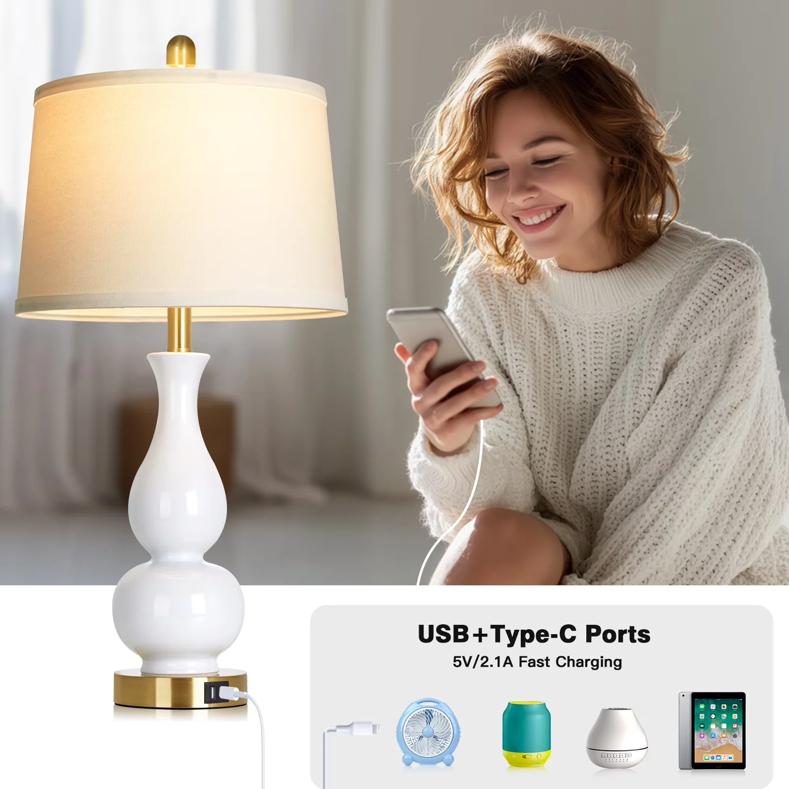 Quality Table Lamp with LED, Usb Port - Ceramic, Metal White for Living Room, Bedroom Model E4861A