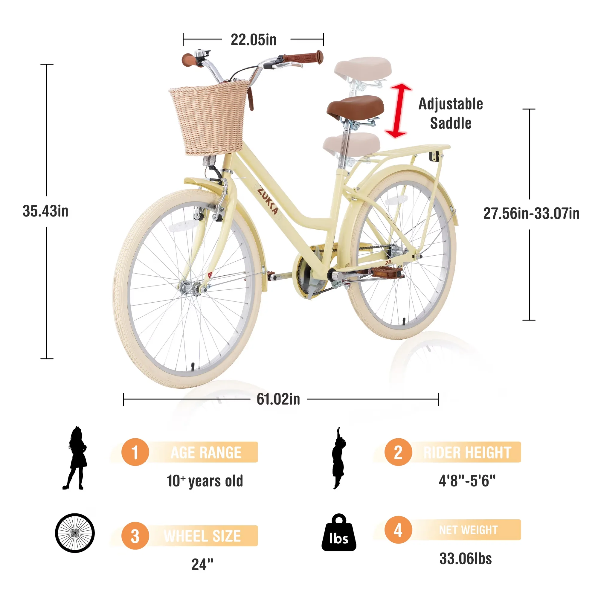 Cruiser Bike Versatile with Adjustable Seat, Adjustable Seat Height, Lightweight - Yellow Model 4A9B76