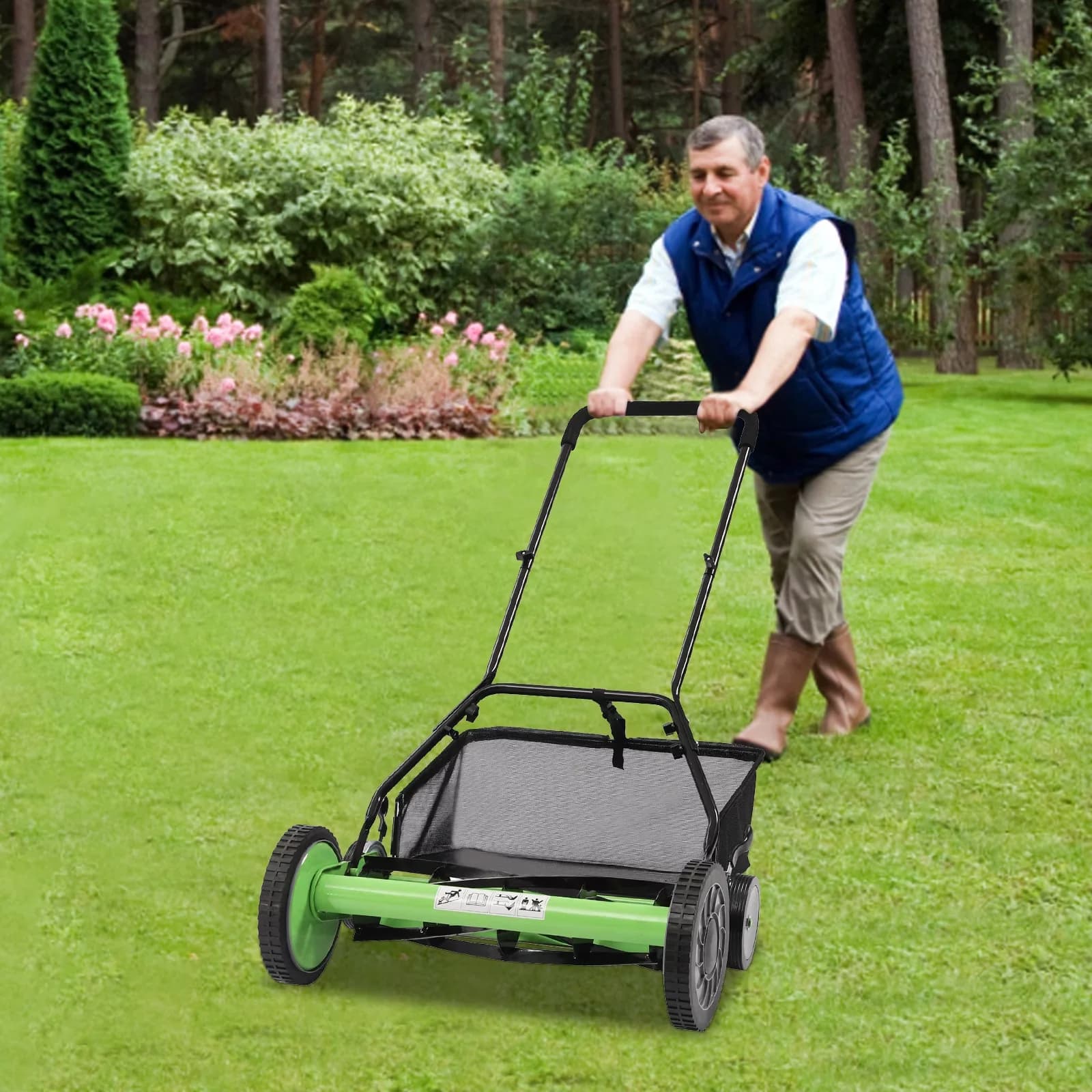 Versatile Push Mower with Adjustable 5-Blade Reel, 20" Manual Lawn, Quiet Reel - Green, Black Model 82BF4E