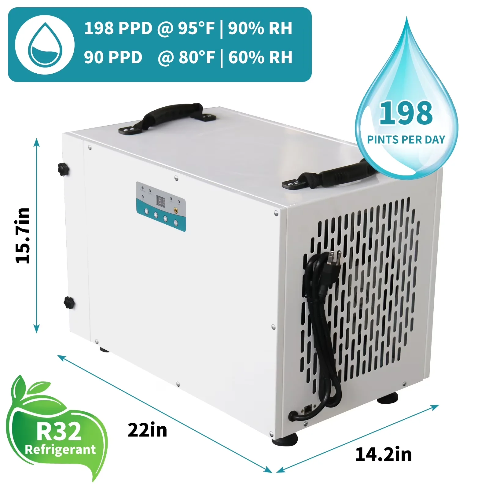 Classic Dehumidifier with Automatic Defrost Control, Adjustable Humidistat, 198 PPD - White for Commercial Model A36AE8