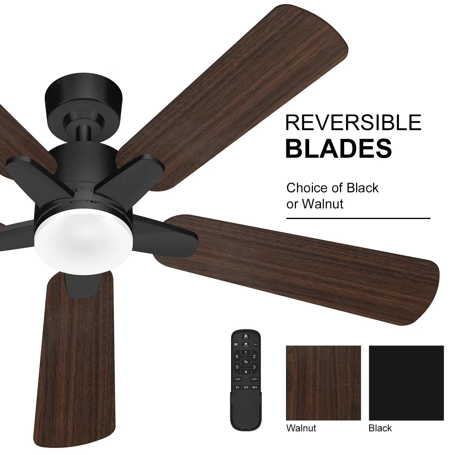 Innovative Ceiling Fan with LED, Reversible Blades, Reverse Airflow - Frosted Cover Black Model C90FB5