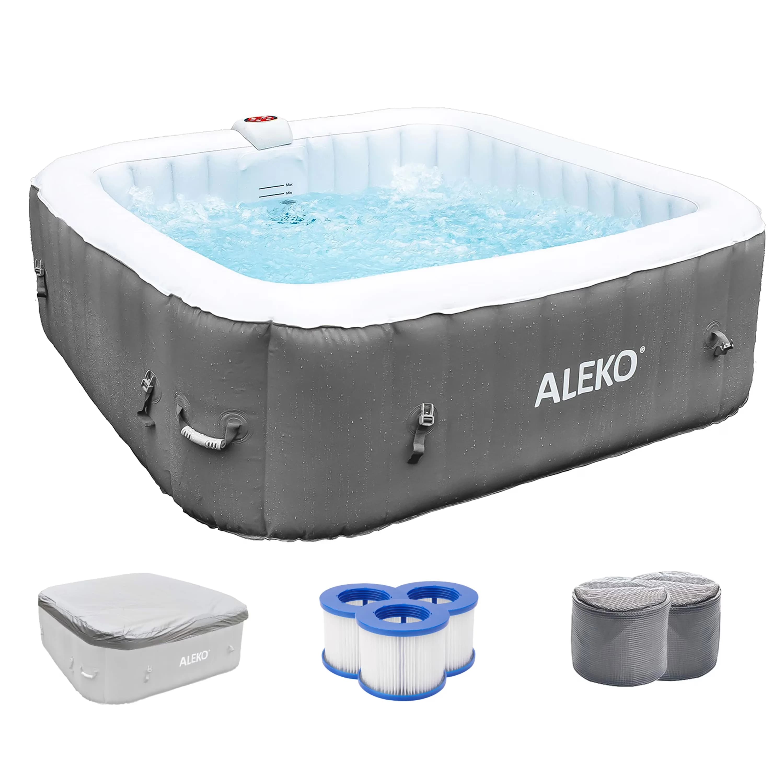 Premium Hot Tub with Inflatable, Cover, 6 Person Square Outdoor Inflatable Spa - Gray Model 3FCD9A