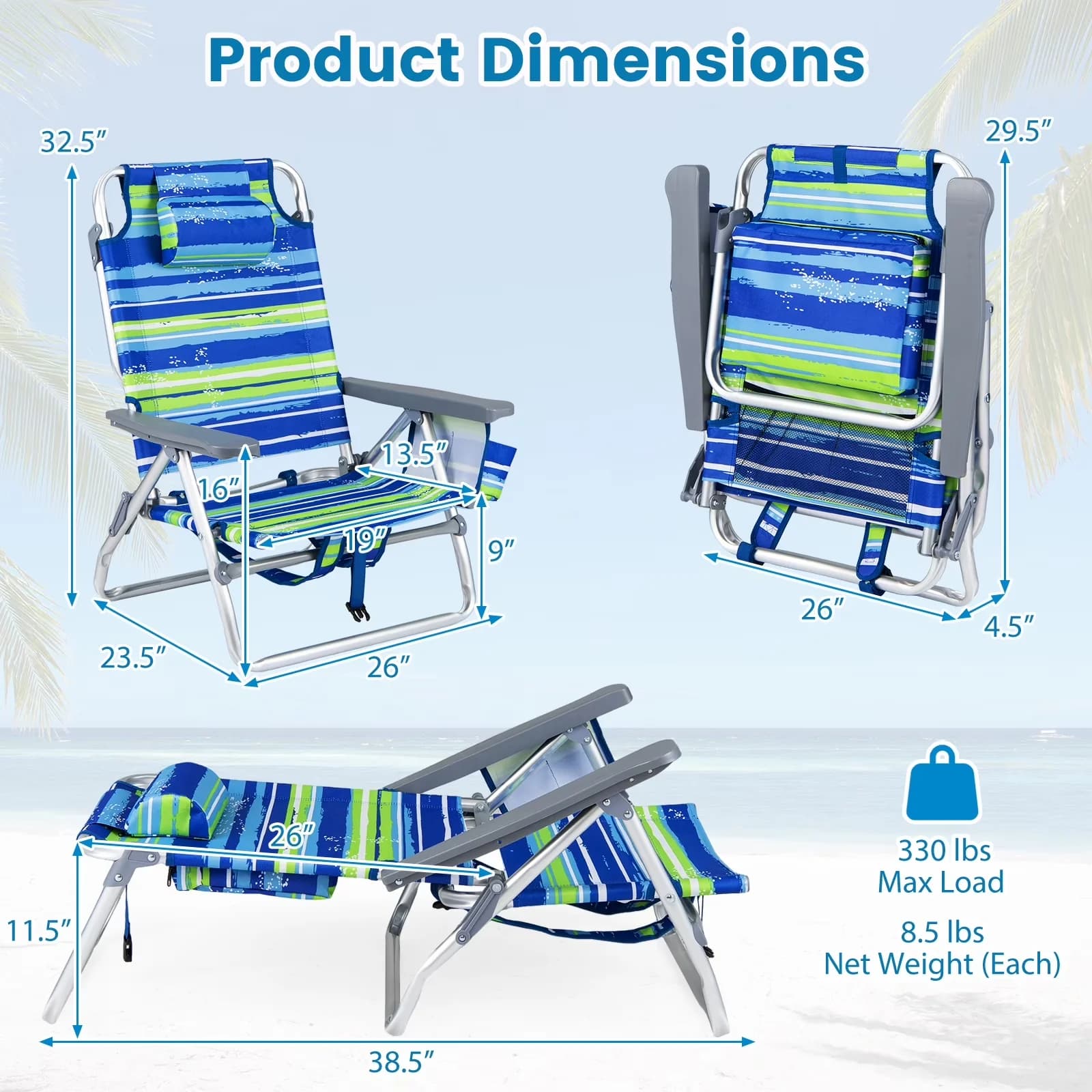 Quality Beach Chair with Adjustable, 5-Position Backrest & Padded Headrest, Cup Holder & Ice Bag Blue Stripe - Blue Model B1CB3A
