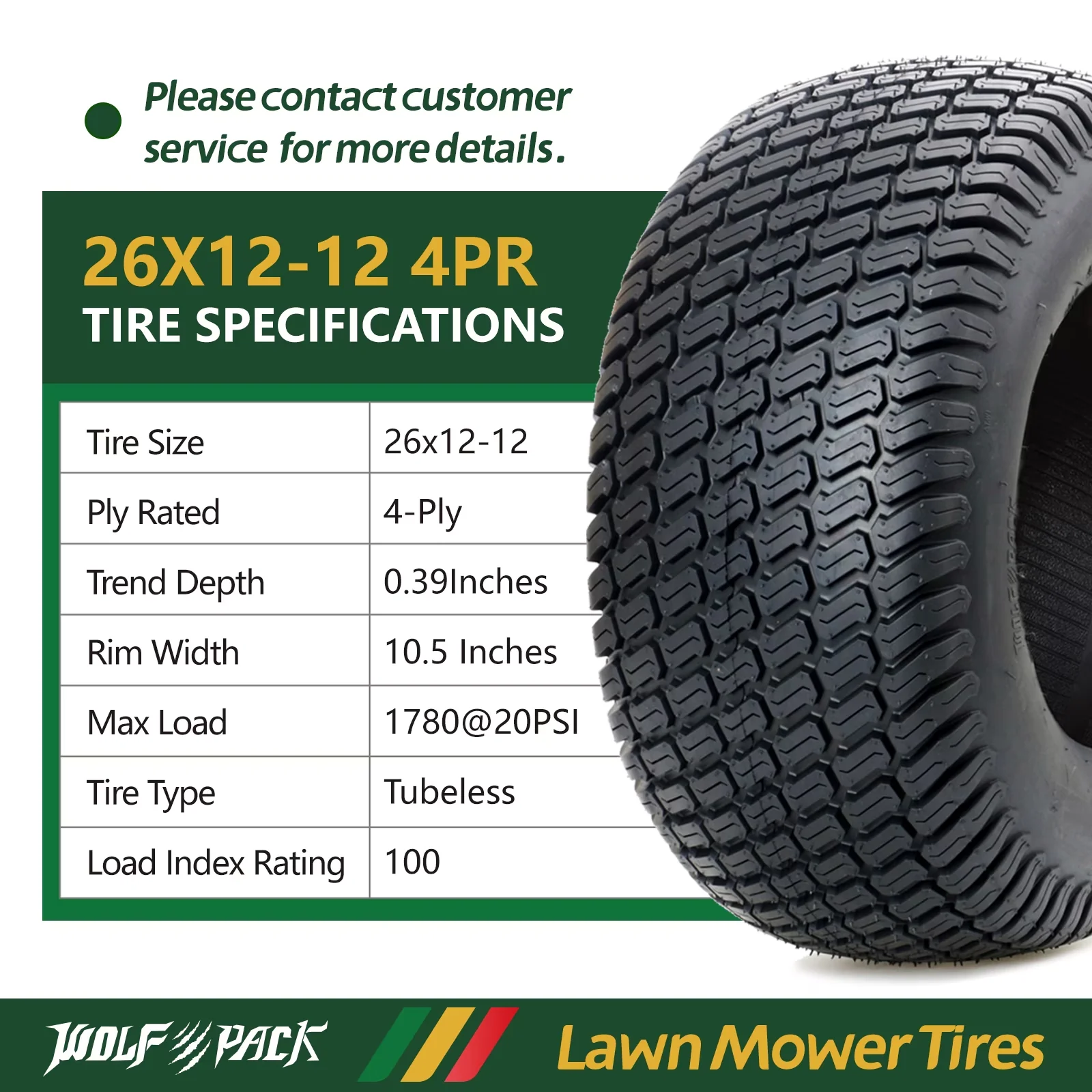 Lawn Mower Tire Innovative with Replacement, Rim Width: 10.5", Tread depth: 0.39” - Model CAB096