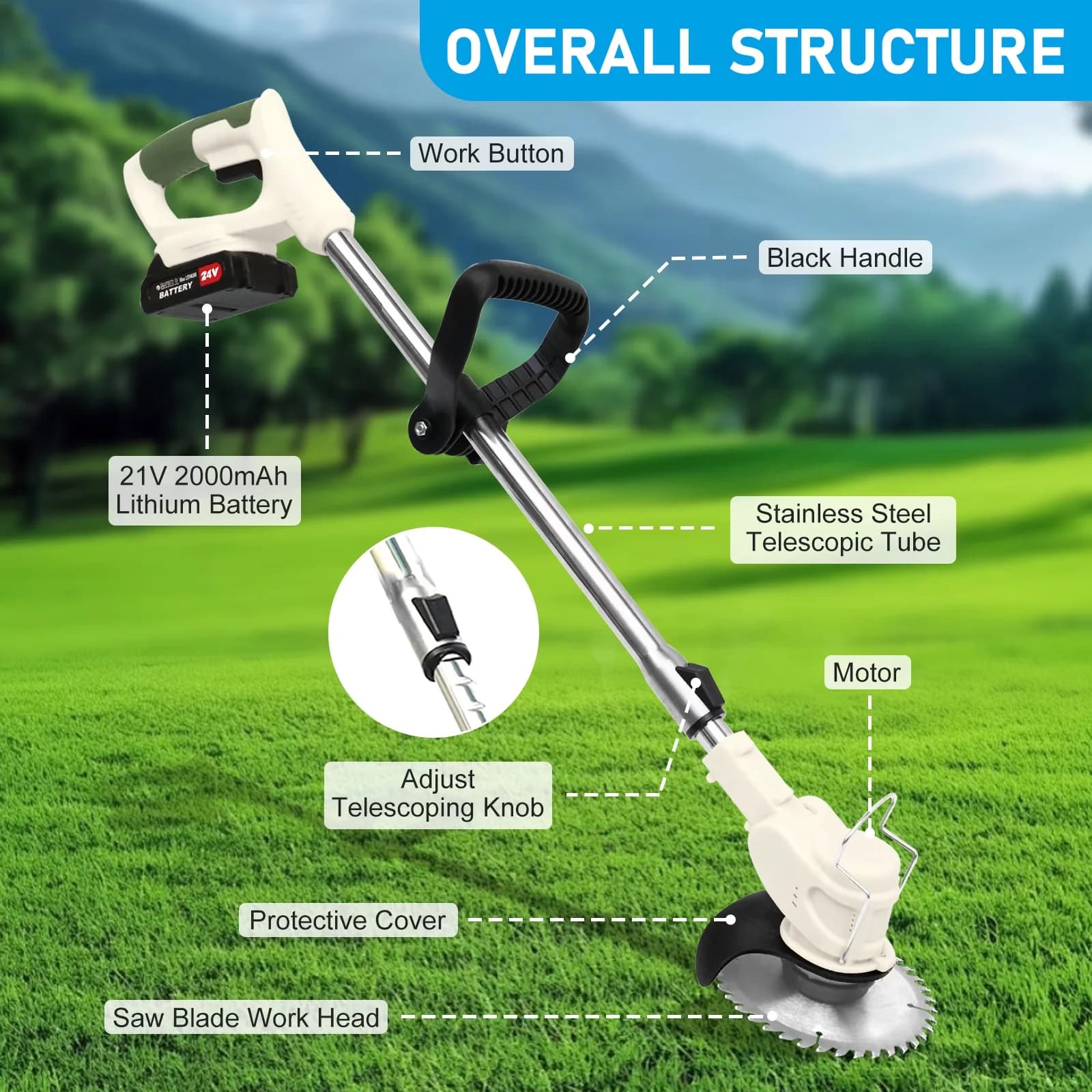 Efficient String Trimmer with Battery, Extendable, Weed Cordless - White Model B24FE6