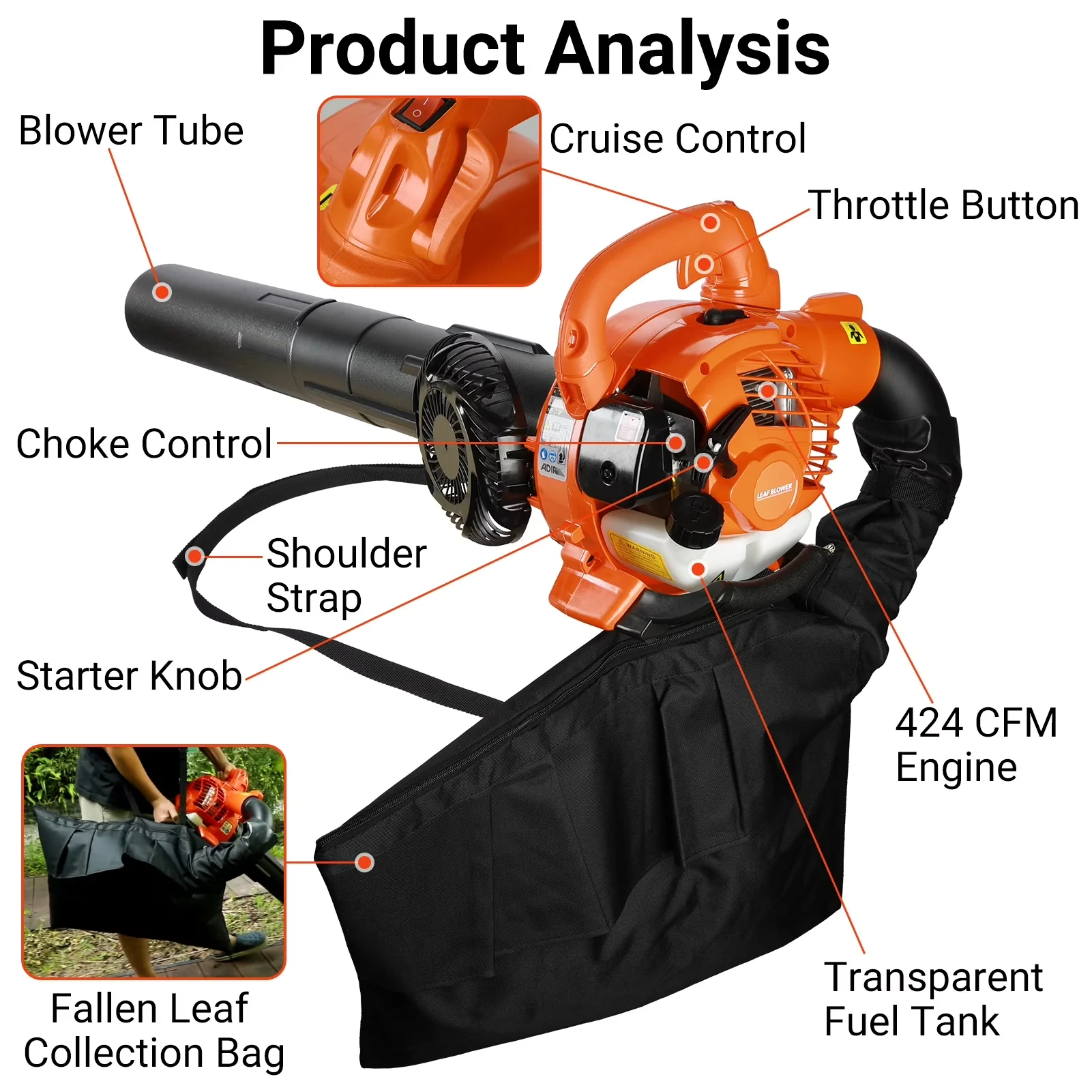 Leaf Blower Professional with Orange, 26CC Cordless & Vacuum, 2-HP - Traditional Style Model 293AB3