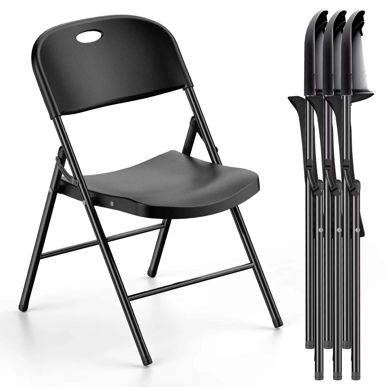 Classic Patio Chair with Storage, Black (Set of 4), Heavy Duty Steel Frame Folding Chairs - Black Model 70BEFA