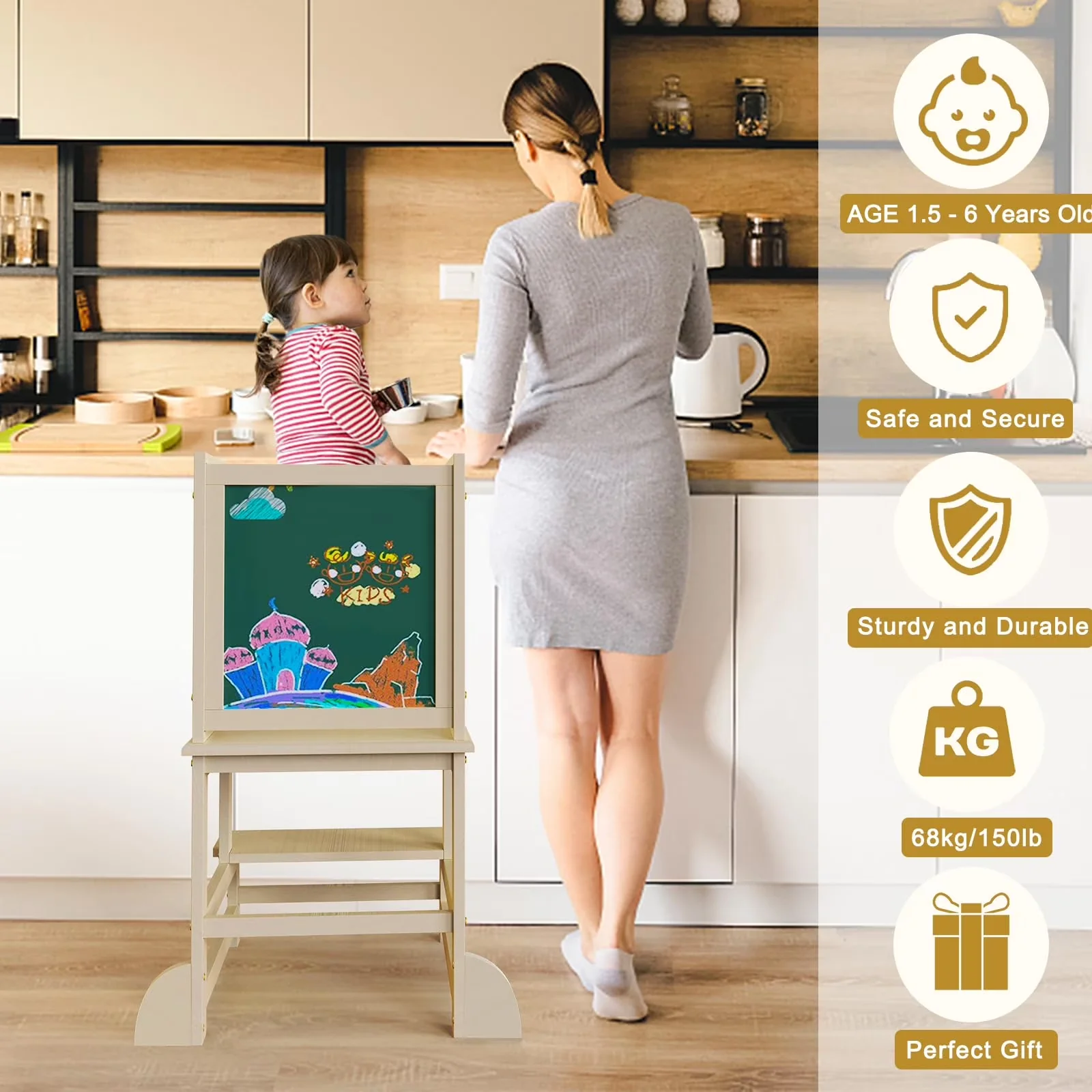 Efficient Ladders And Step Stool with Adjustable Height, Toddler Kitchen Helper - Brown Wood Model BAC4D1