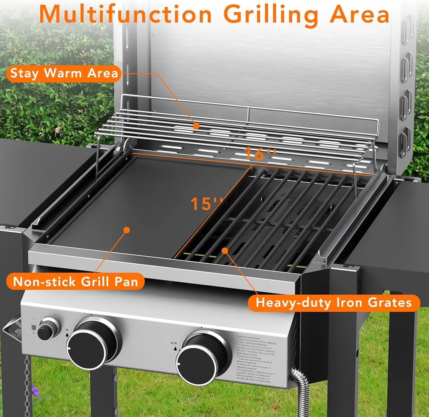 Gas Grill Versatile with 16000 BTU, Portable, Grease Pan - Steel Silver for Patio, Outdoor Model D19BA4