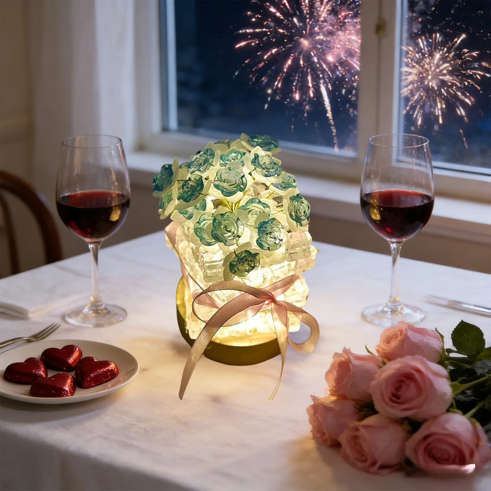 Essential Lamp Set with LED, Contemporary, DIY Romantic Rose Night Light Kit - Plastic Blue for Home Model 165AC0