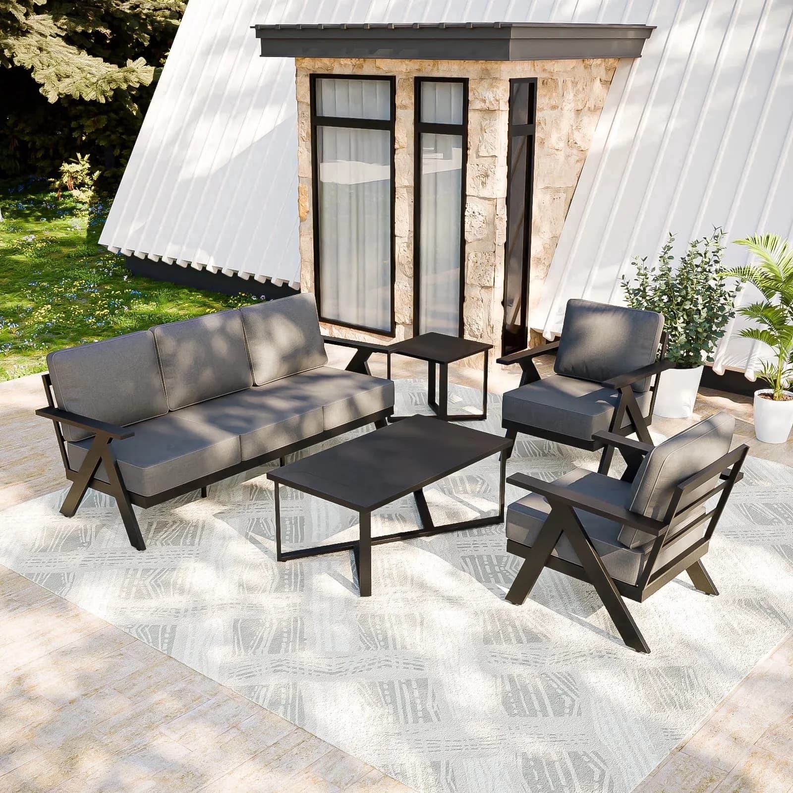 Sleek Patio Conversation Set with Weatherproof, Coffee Table and Side Table, Chairs 3 Seat Couch - Black Model FF4C5B