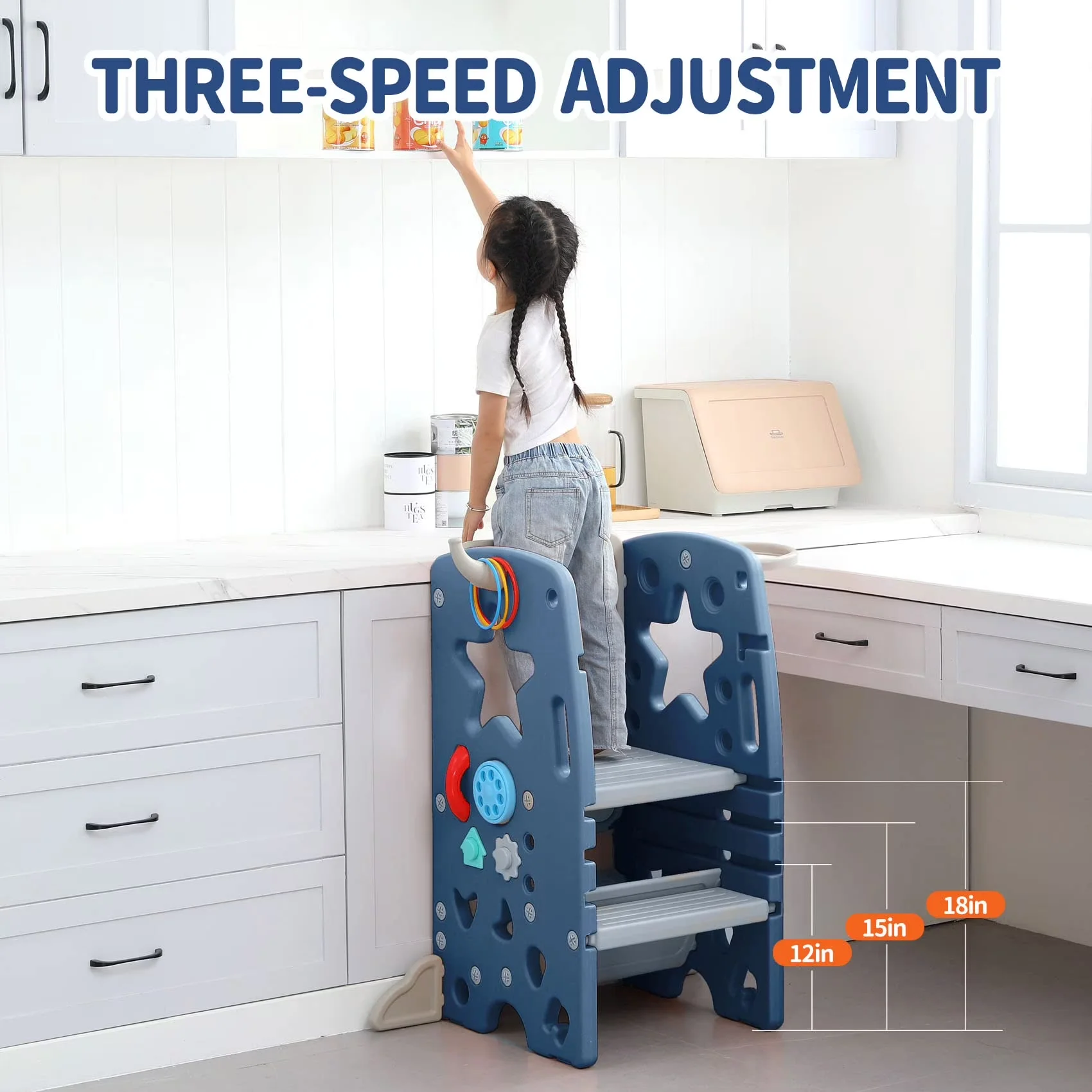 Classic Ladders And Step Stool with Adjustable Height, Height Adjustable, Toddler Tower - Hdpe Blue for Kitchen, Bathroom Model E94A31