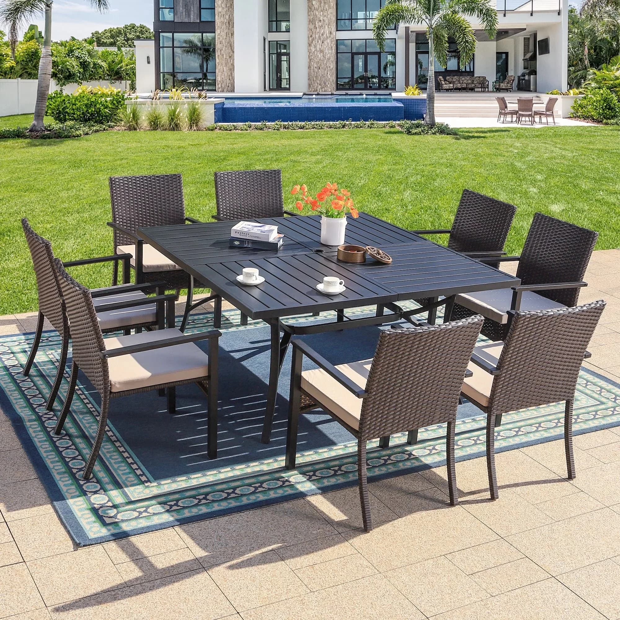 Durable Patio Dining Set with Large Square Table & Wicker Chairs, 9-Piece Outdoor - Pe Rattan, Steel, Foam Model 4E6CAE