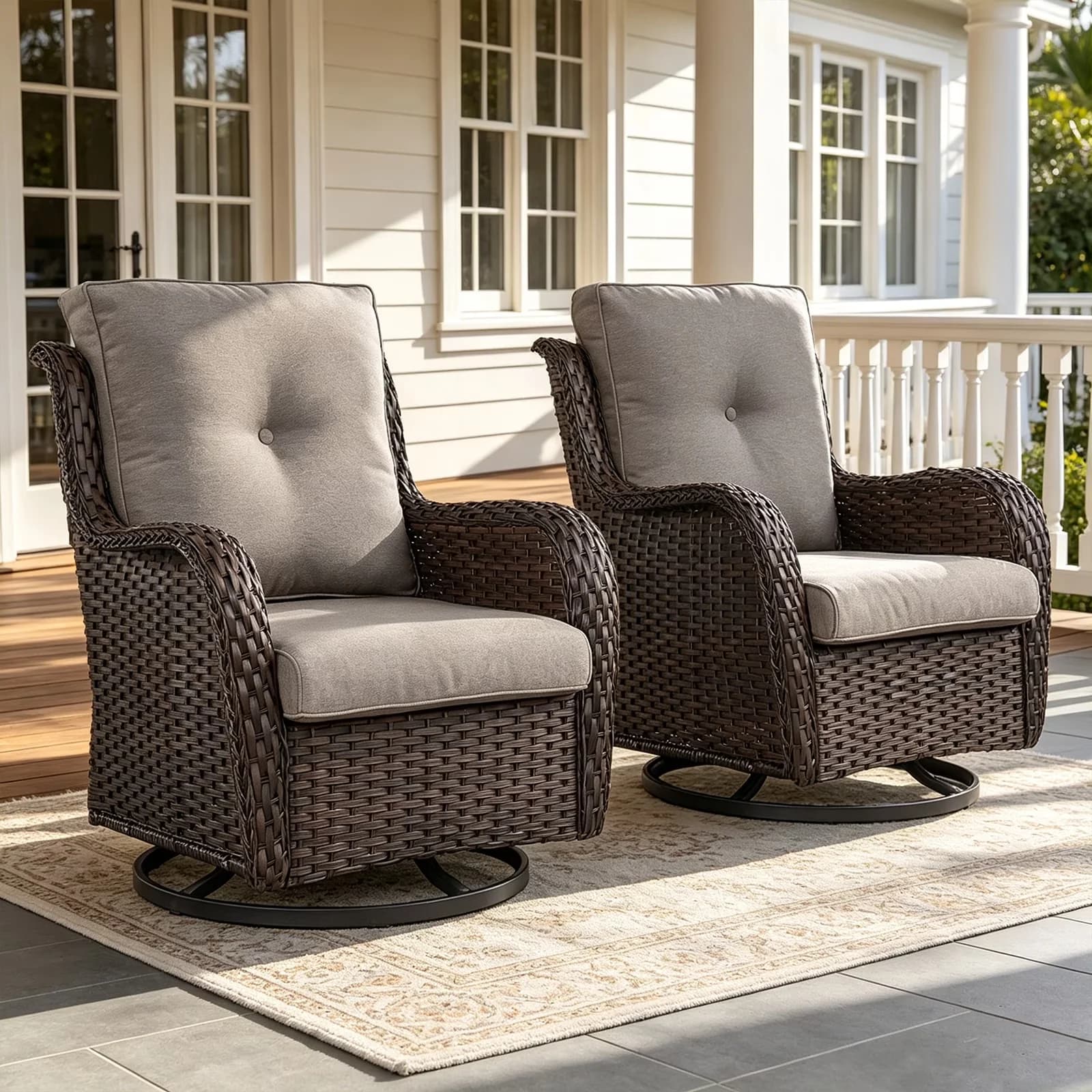 Patio Dining Set Modern with Wicker Rocking Chair Swivel Chairs - Pe Wicker, Powder Coated Steel Brown Model 4F5776