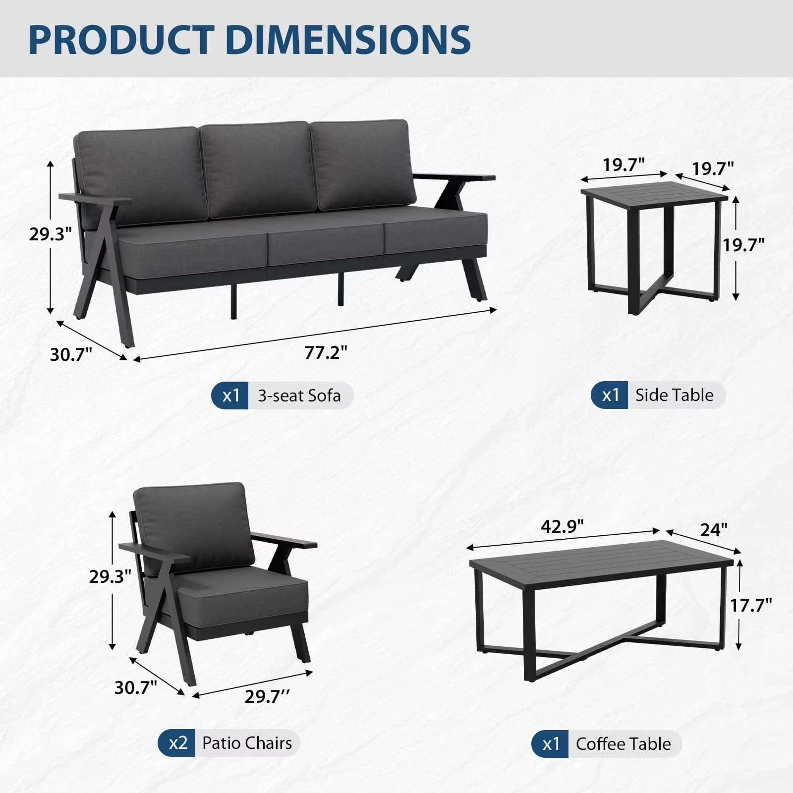 Sleek Patio Conversation Set with Weatherproof, Coffee Table and Side Table, Chairs 3 Seat Couch - Black Model FF4C5B