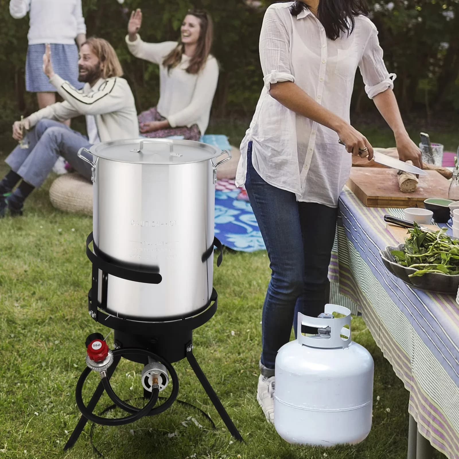 Durable Outdoor Fryer with Iron Stove Frame, Gas, 13×32 Inch 4-Piece Cooking Set - Aluminum Black Model 3A8027