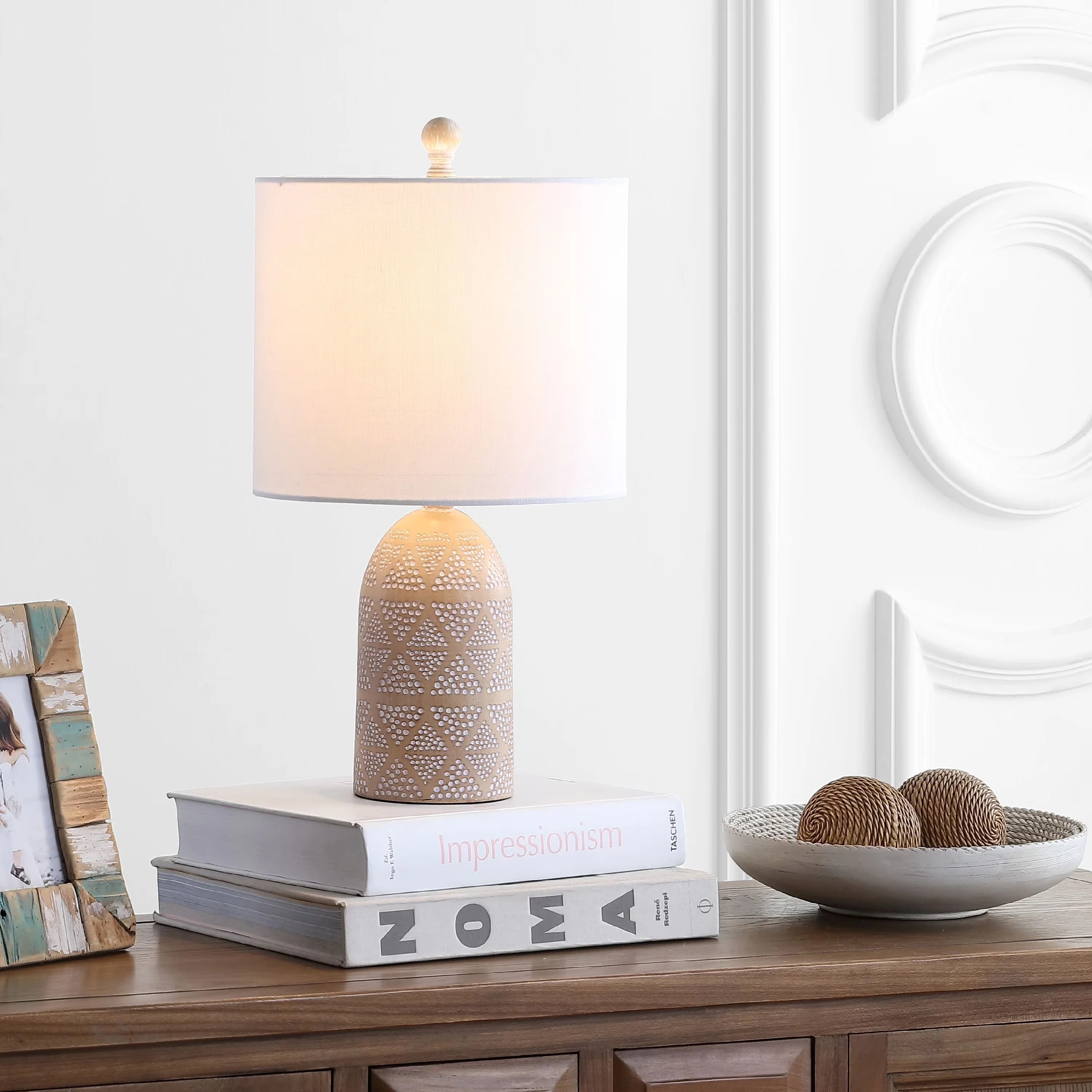 Stylish Table Lamp with LED, Energy Efficient, Nava Polka Dot Engraved 18.5 in. H - Brown Resin Model C984DA