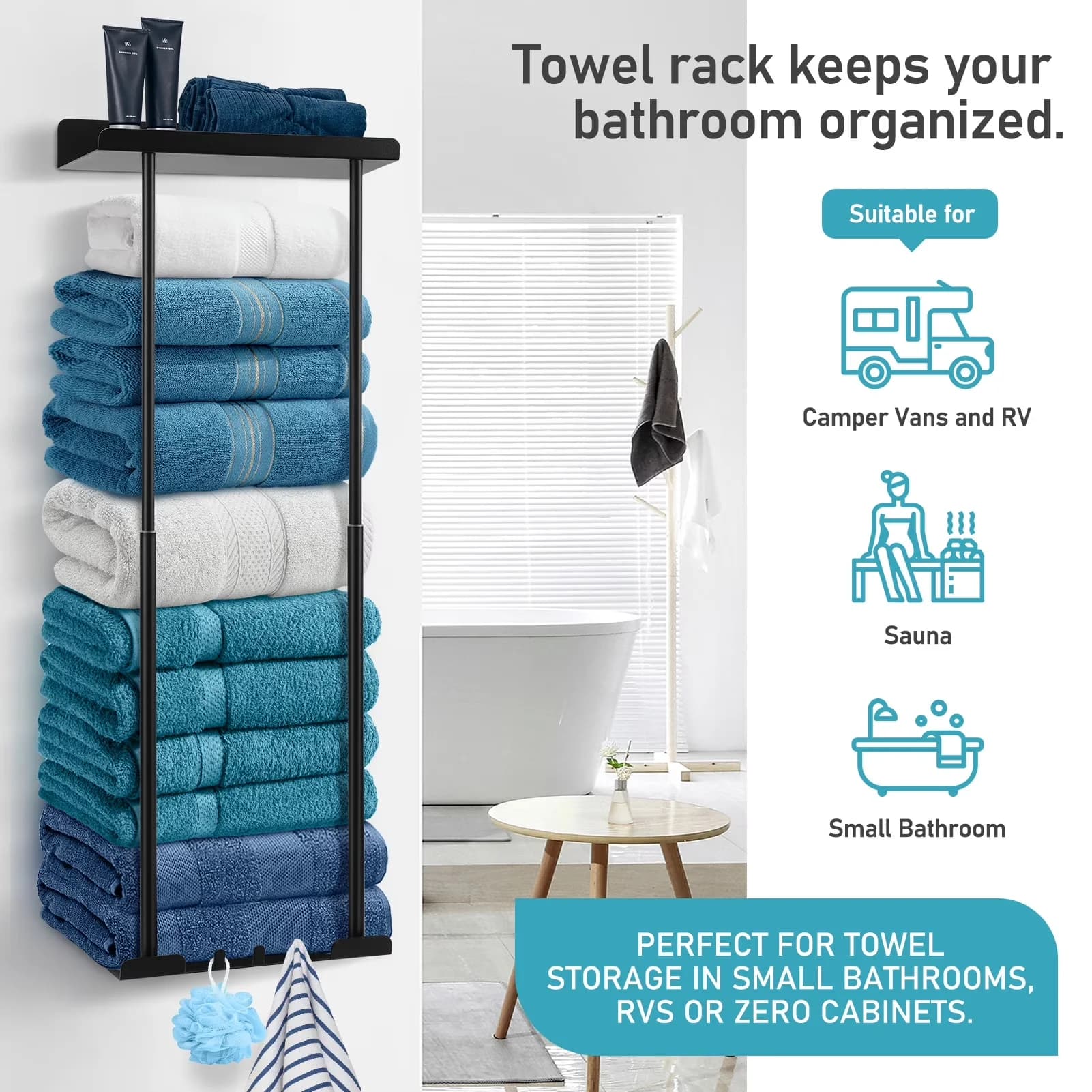 Innovative Hot Tub with Contemporary, Wall Towel Rack - Metal Black for Bathroom, Large Model 5DE811