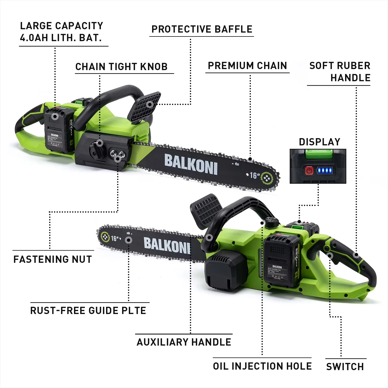 Chainsaw Compact with Battery, Automatic Chain Oiler, Tool-Less Chain Tensioning - Green Model 389F24