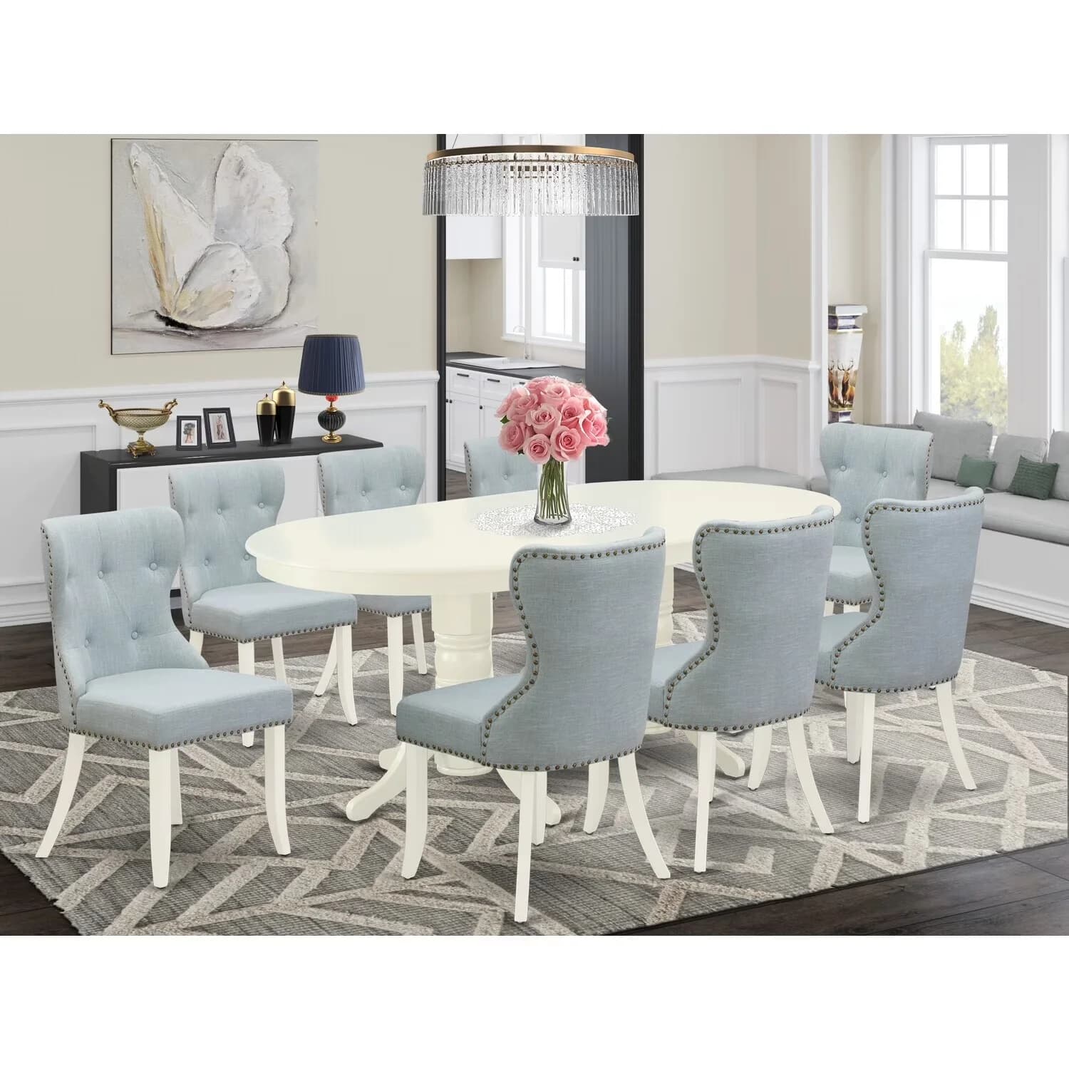 Patio Dining Set Compact with Modern, Wooden Dining Table Color: Linen White - Blue Linen, Asian Wood, Rubberwood Model 92A8E4