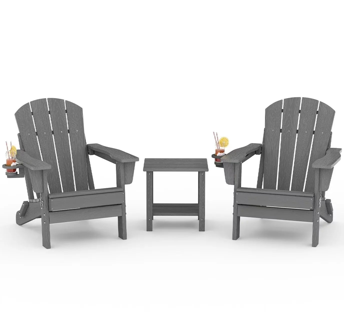 Innovative Patio Chair with Fade Resistant, Side Table, All Weather Resistent Wooden Textured - Off-White Plastic Model EB08C3