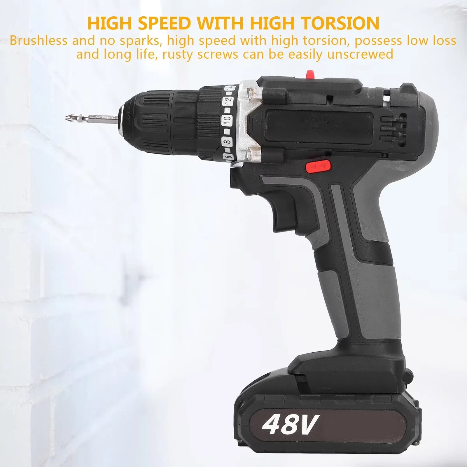 Drills Driver Compact with Battery, LED, 48V Cordless Drill - Black 5.07 lbs Model 8B22B7