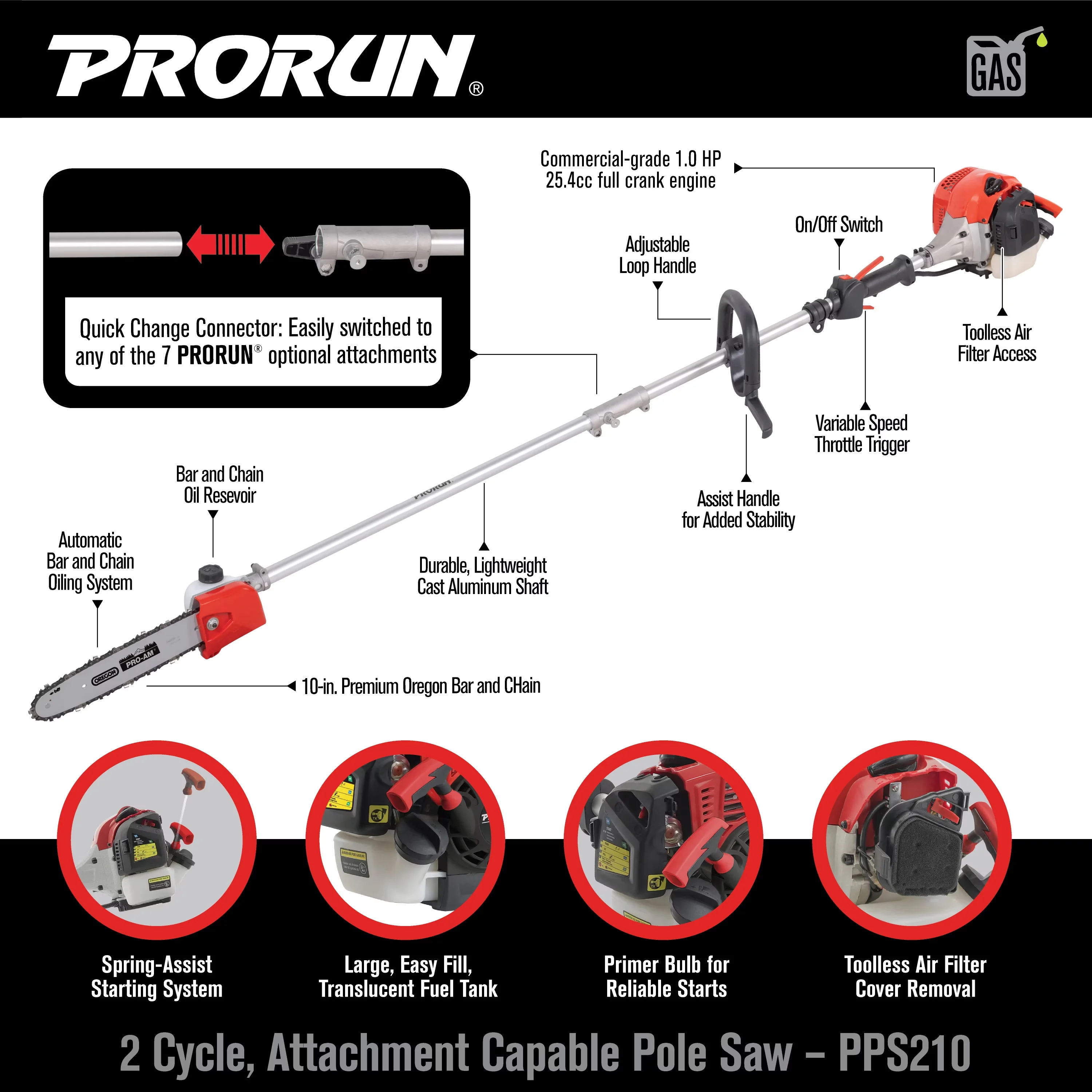 Pole Saw Reliable with Variable Speed, 25.4cc 10-in. Gas-Powered 2-Cycle - Model 26B4A3