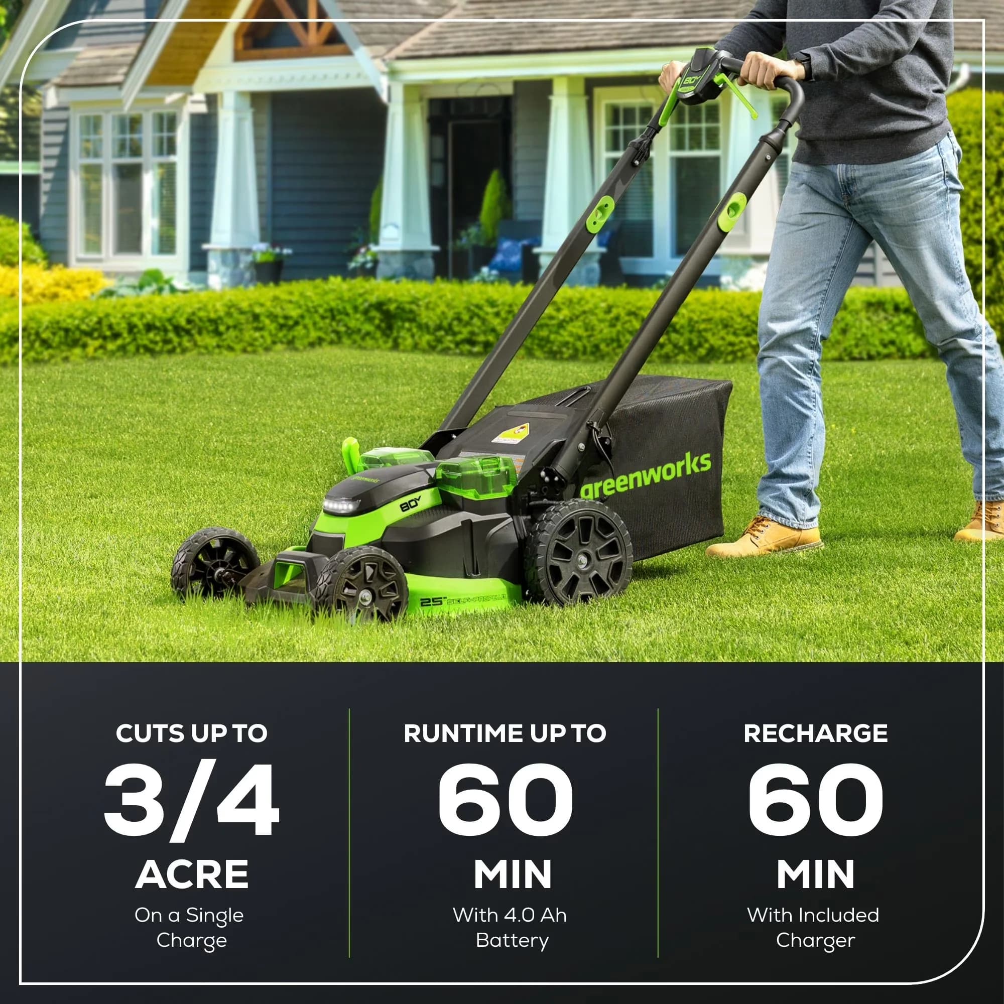 Push Mower Stylish with Battery, 80V, 3 in 1 Dual Blade LawnMover - Green Model A08C8A