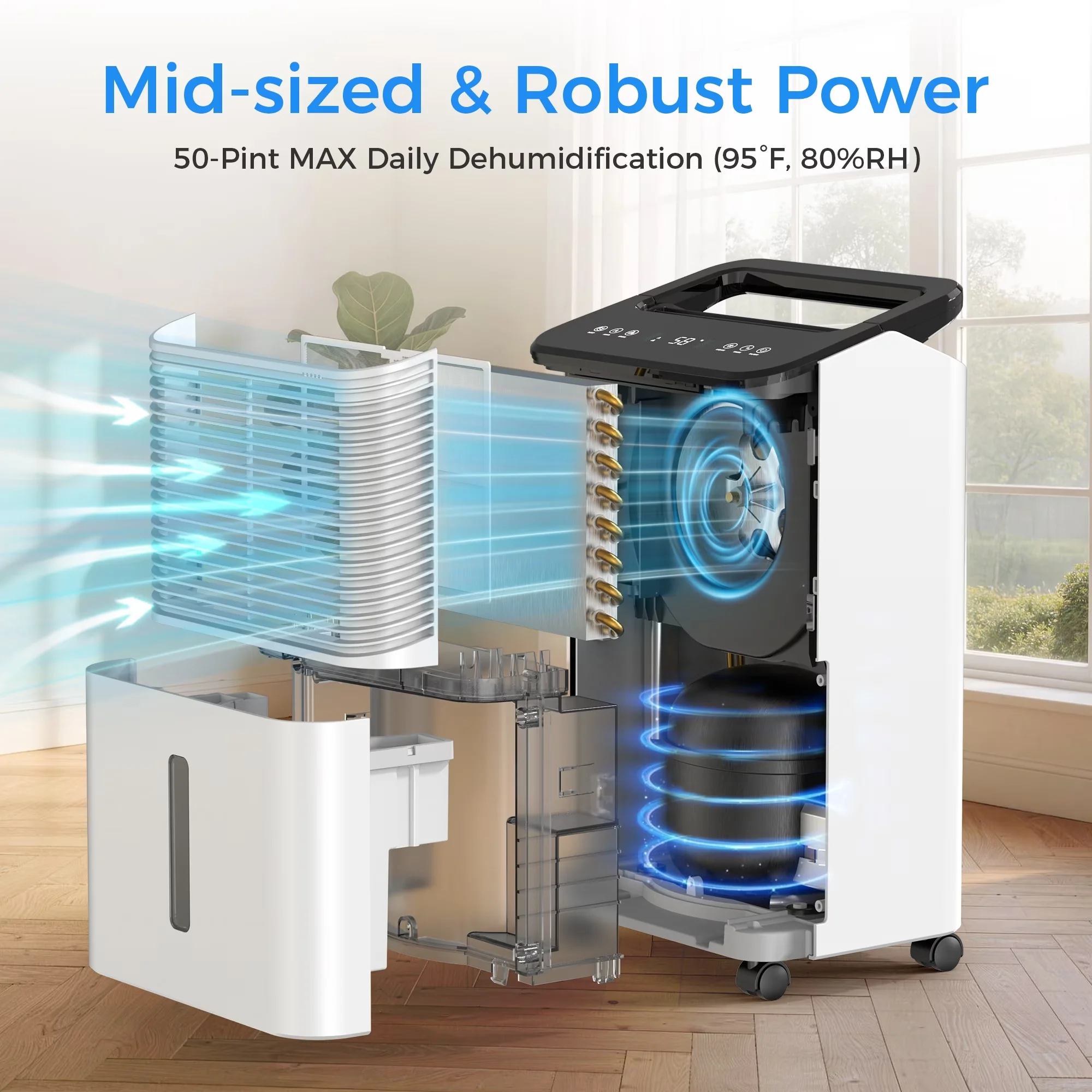 Innovative Dehumidifier with 【Smart Auto Mode & Real‑Time Display】, 【Portable Design & Certified Safety】, 50 Pint for Home - Model FBC924
