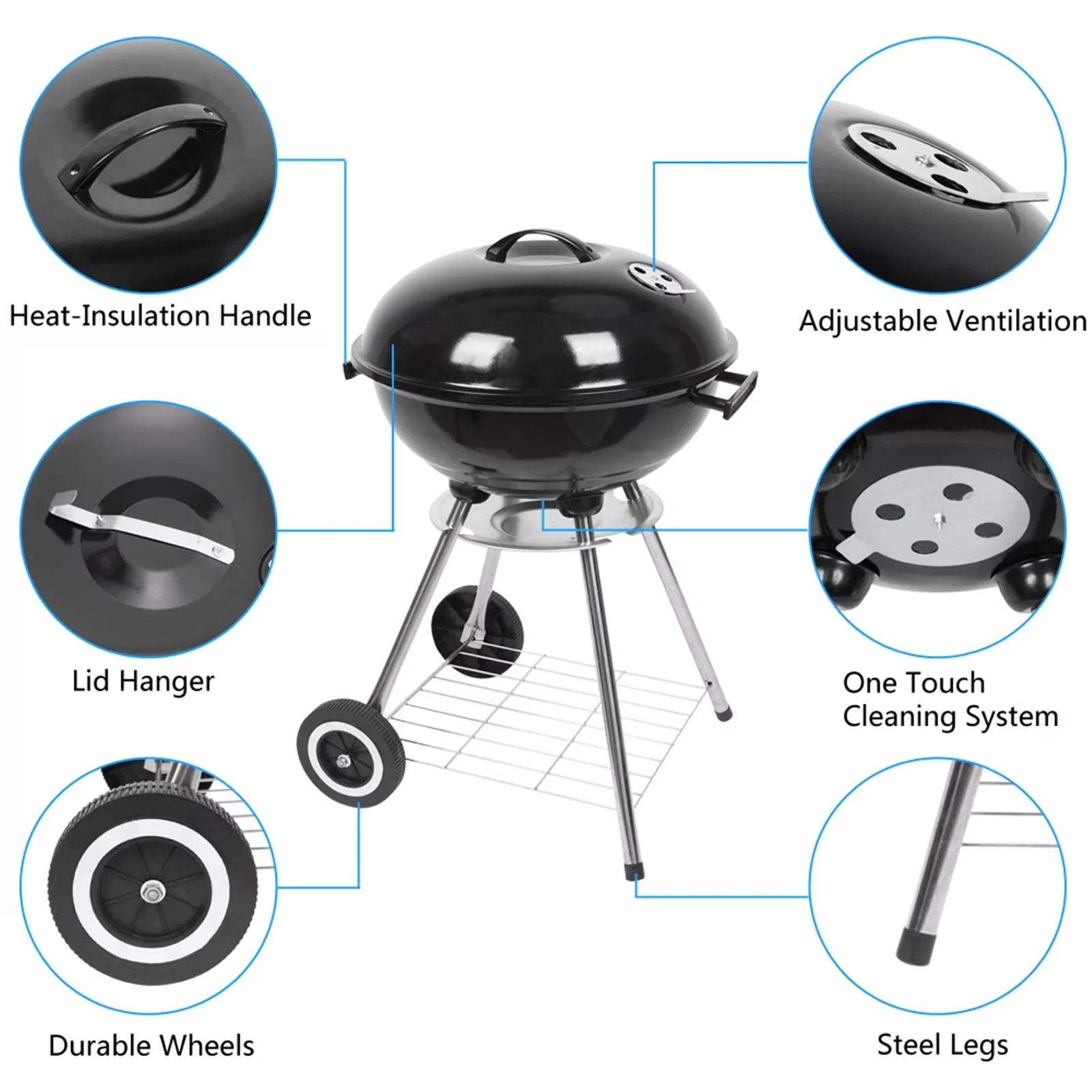 Modern Charcoal Grill with Portable, Complete Set - Vitreous Enamel, Stainless Steel Model 93511E
