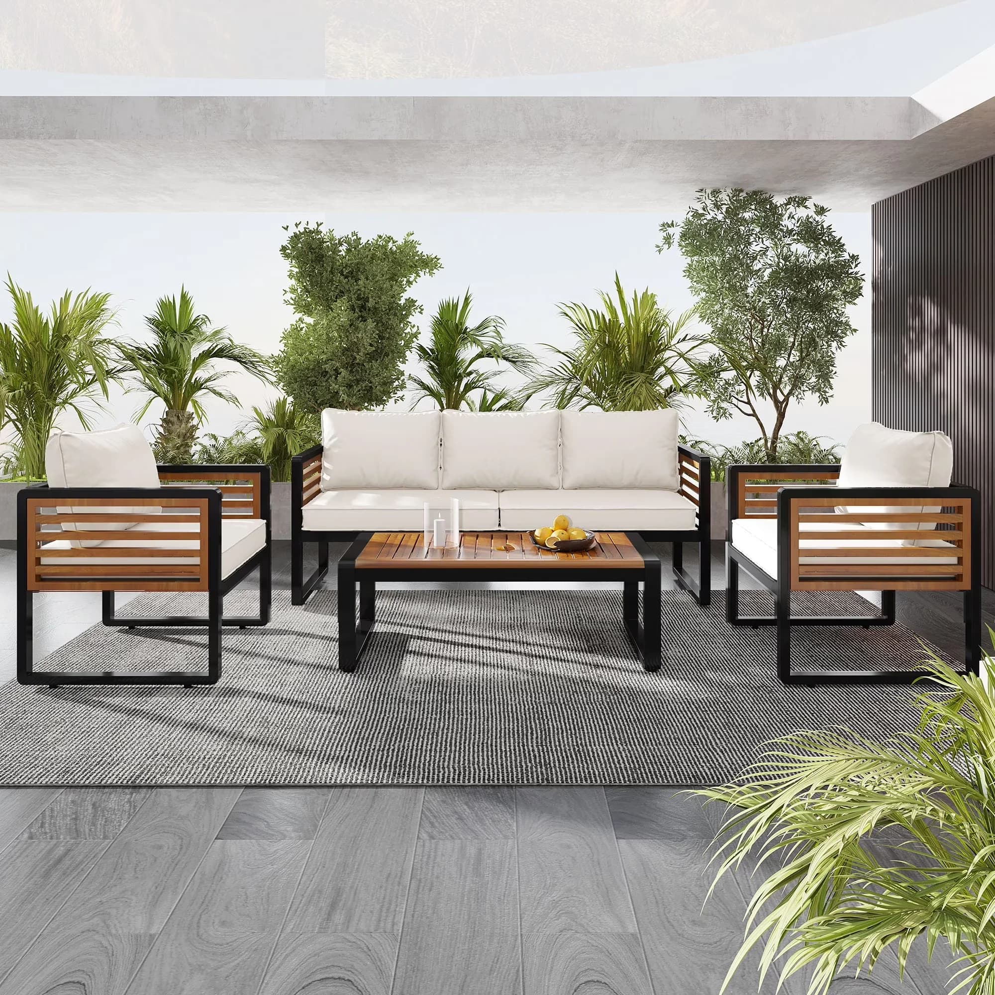 Sleek Outdoor Sofas Sectional with Weatherproof, 4-Piece Furniture Set, Cushion & Acacia Wood Tabletop - Metal & Wood Beige Model 532A48