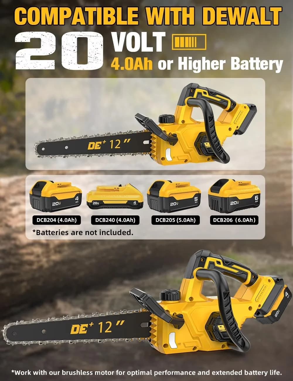 Quality Chainsaw with Battery, 20V, Chain Brake - Yellow for General Purpose Model E6BC37