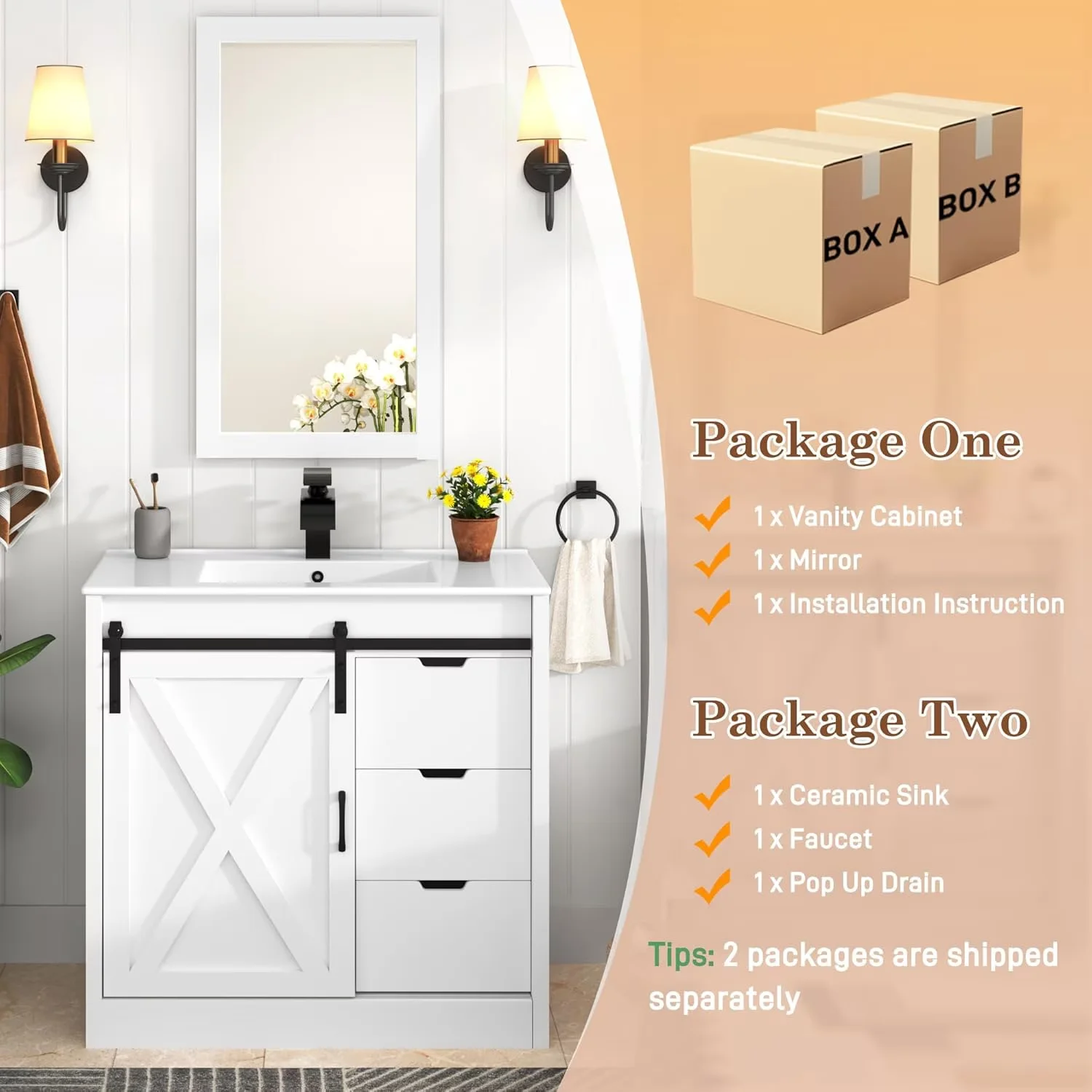 Bathroom Renovation Stylish with 36" Vanity, Sink & Faucet & Mirror, Farmhouse Vanity Cabinet Set - Model 1CC15D