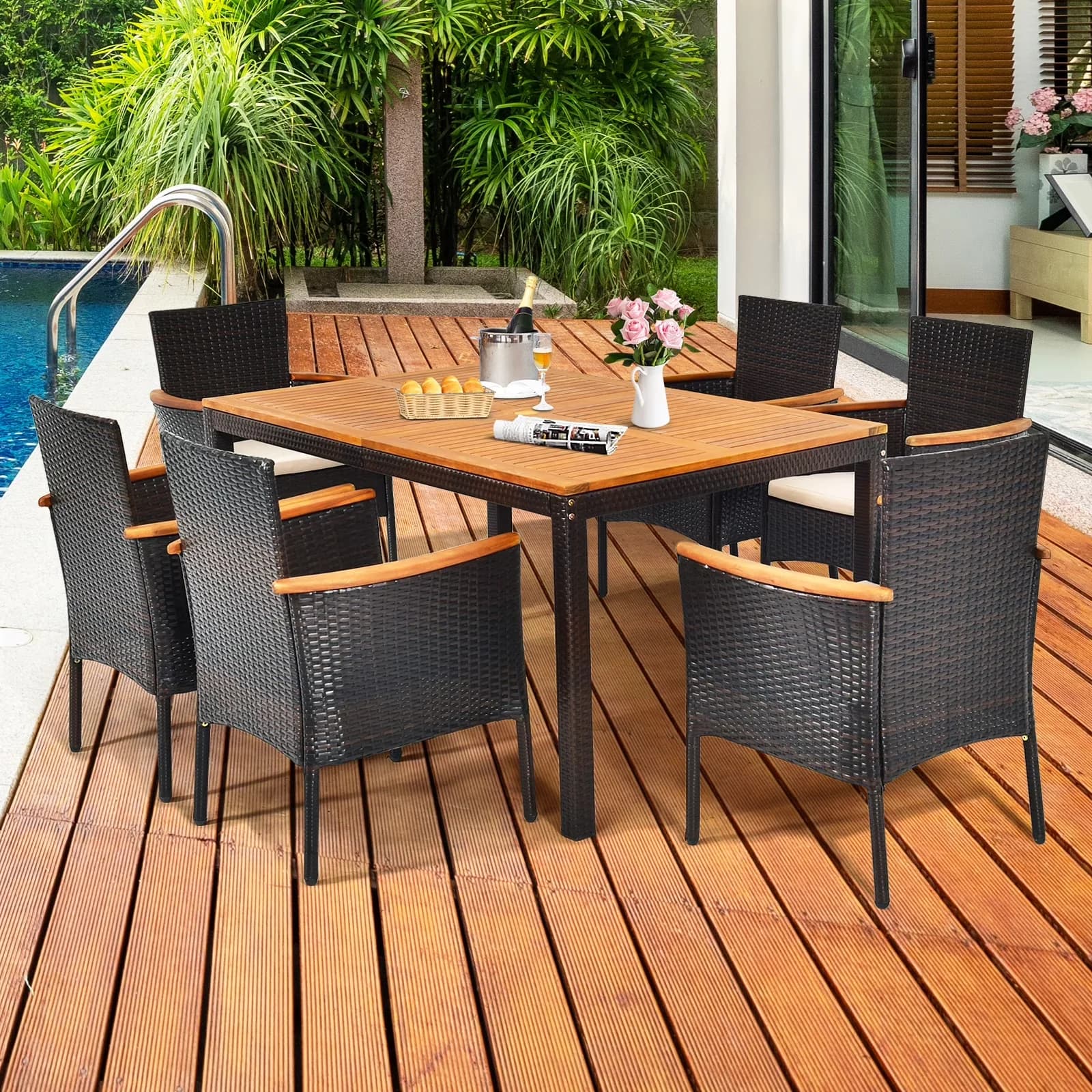 Versatile Patio Dining Set with Umbrella Hole, 7-Piece Outdoor Rattan Table and Chairs - Acacia Wood+ Rattan+ Steel+ Sponge+ Fabric... Model 0A4DC5
