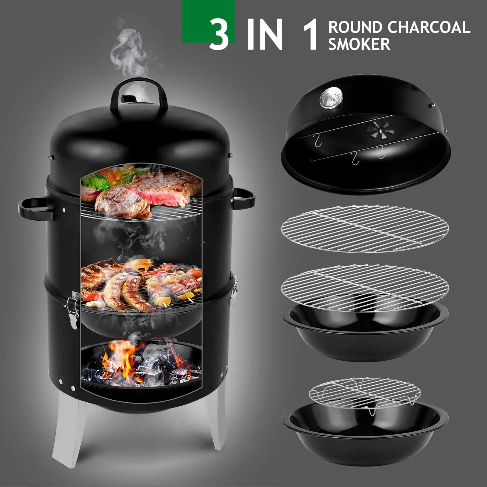 Quality Combo Grill with Adjustable Air Vents, 3-IN-1 Multipurpose - Iron & Stainless Steel Model 3037DA
