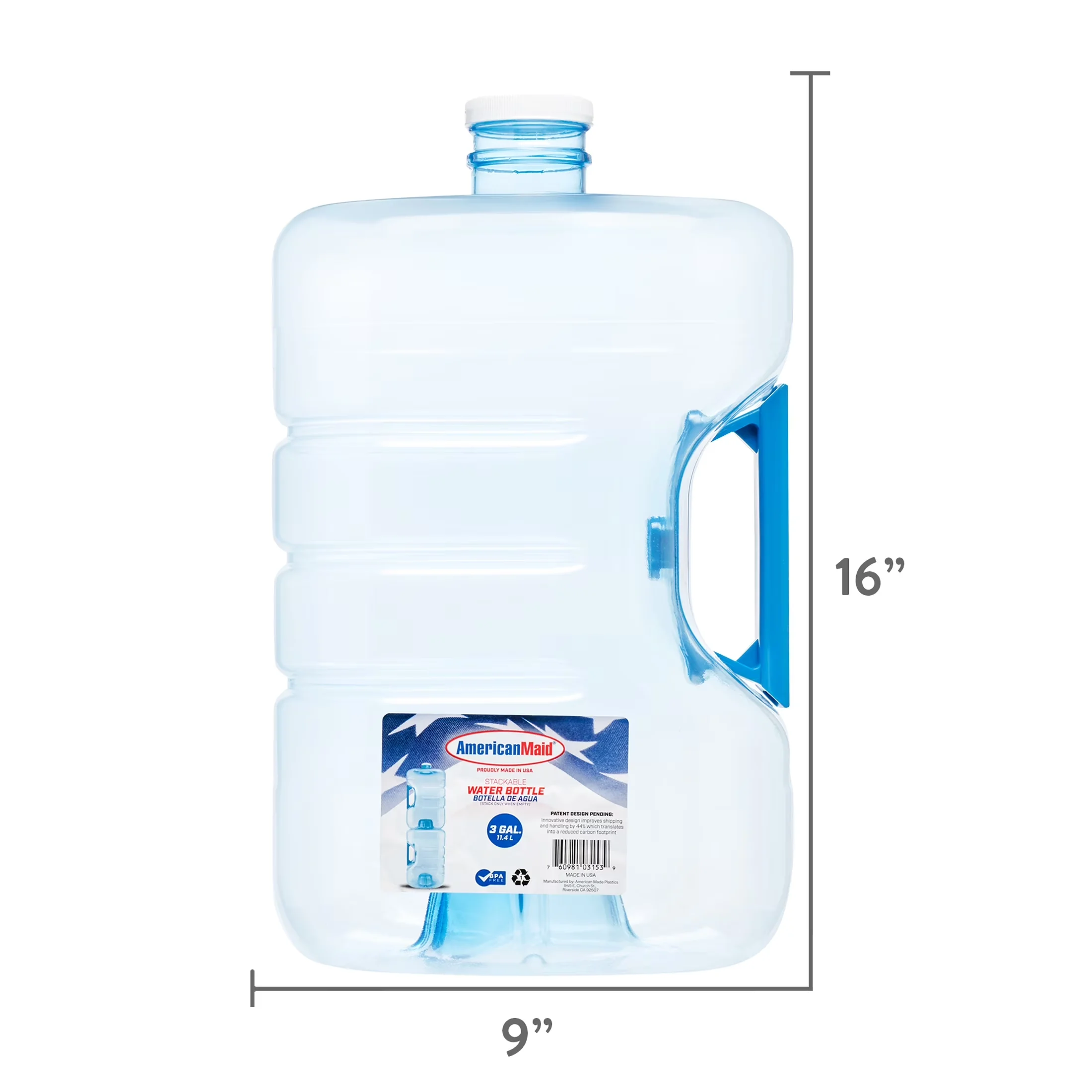 Water Filtration Efficient with Free Recycle code., Stackable & Refillable Gallon (3gal), 53mm cap size - Blue, Clear Plastic Model 261D10