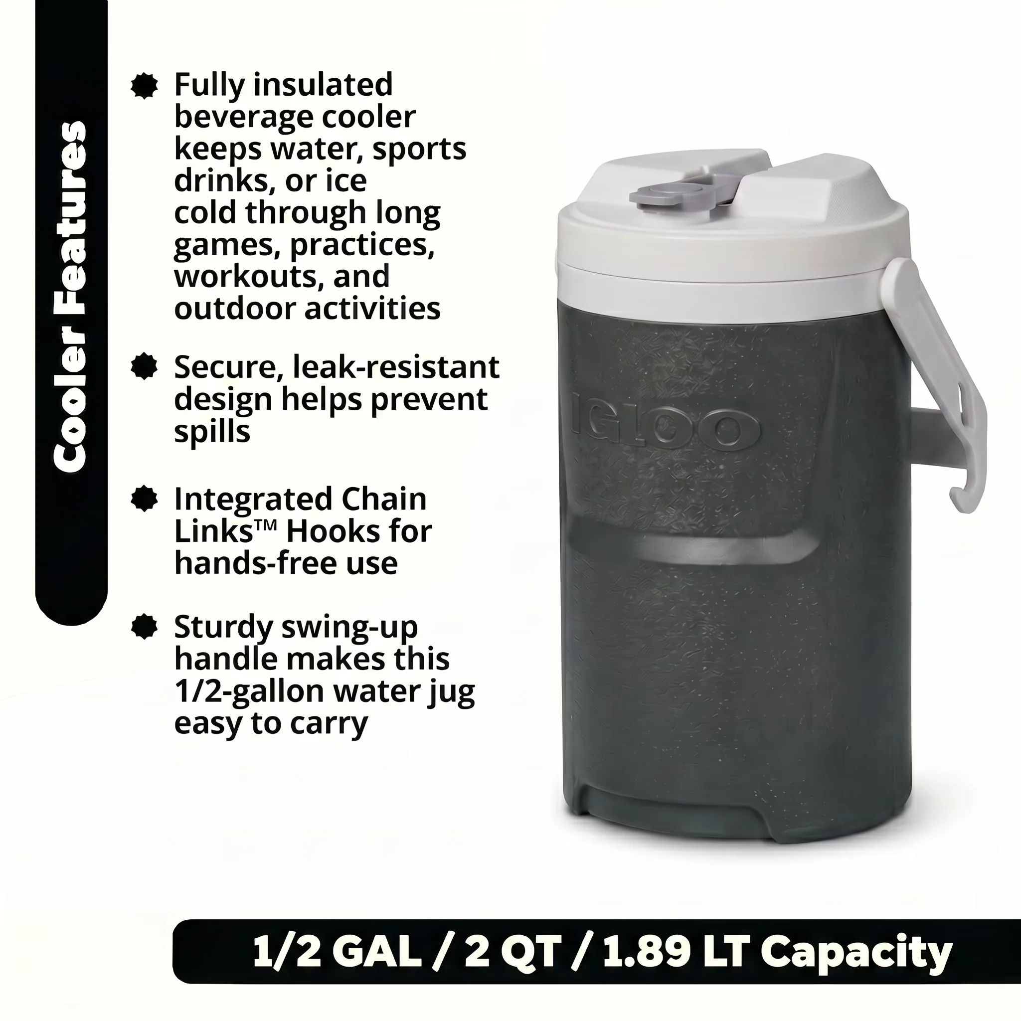 Water Filtration Durable with Gray, 1/2 Gallon Sports Beverage Plastic Jug, Hooks - Plastic Black Model 3A910E