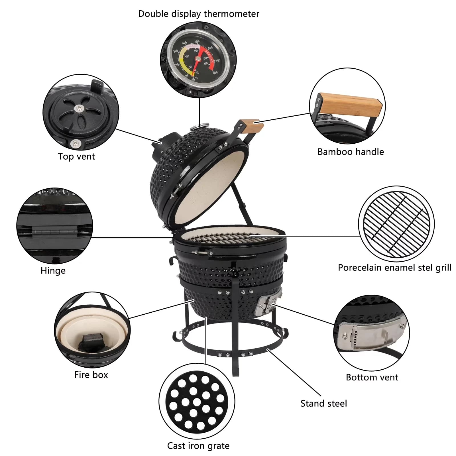 Premium Smoker with 13in Round Ceramic Charcoal Grill, Item Weight: 46pounds, Cooking Grid: 10.43 inch - Ceramic Black Model 0332AA