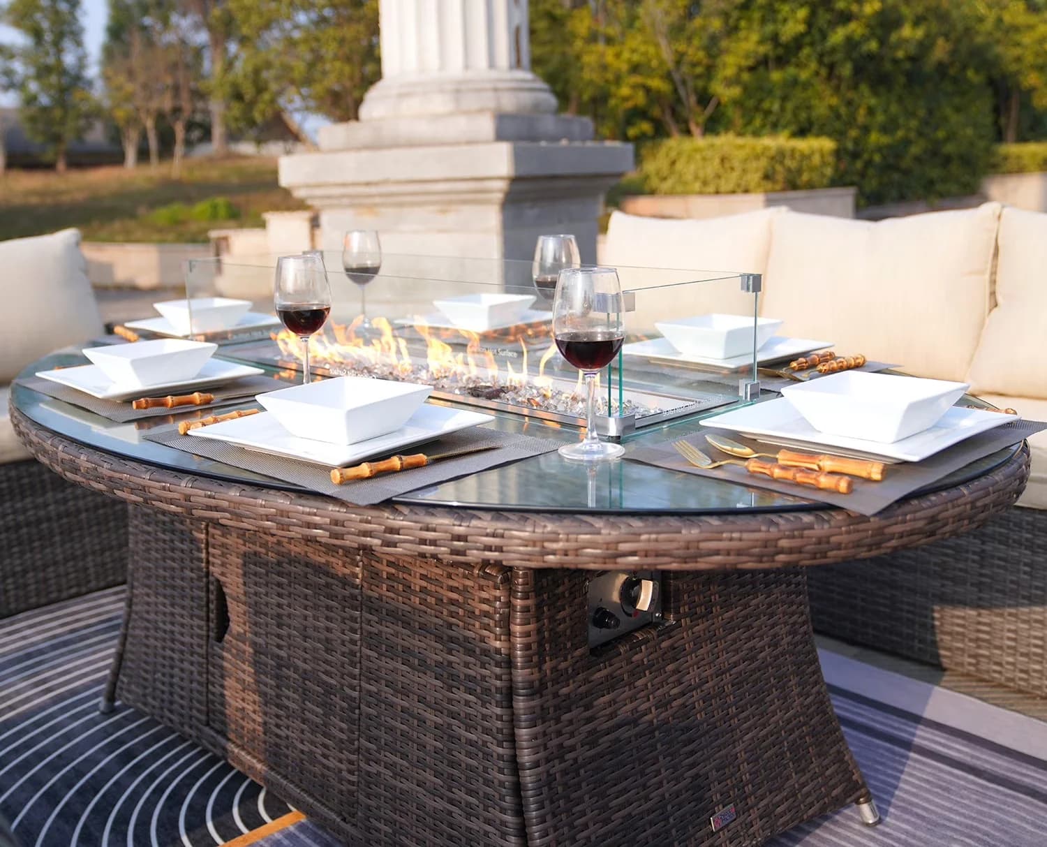 Essential Patio Dining Set with Brown, 50,000 BTU burner with pre-attached Hose, Stainless steel fire bowl and burner - Brown Wicker... Model 1E5F63