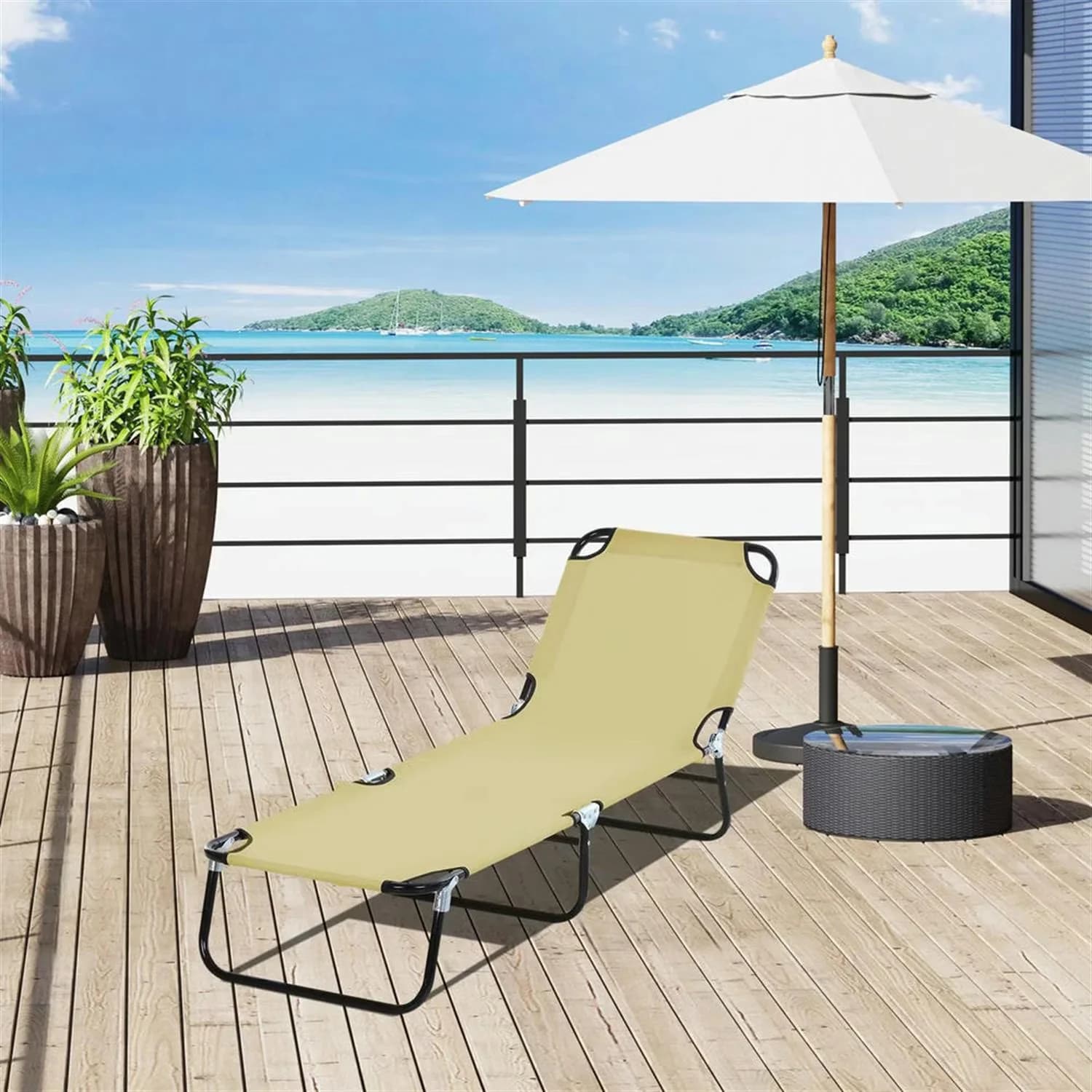 Compact Beach Chair with Folding, Steel Frame, Folding Chaise Lounge Chairs - Steel, Oxford Fabric Beige for Patio Model E819CA