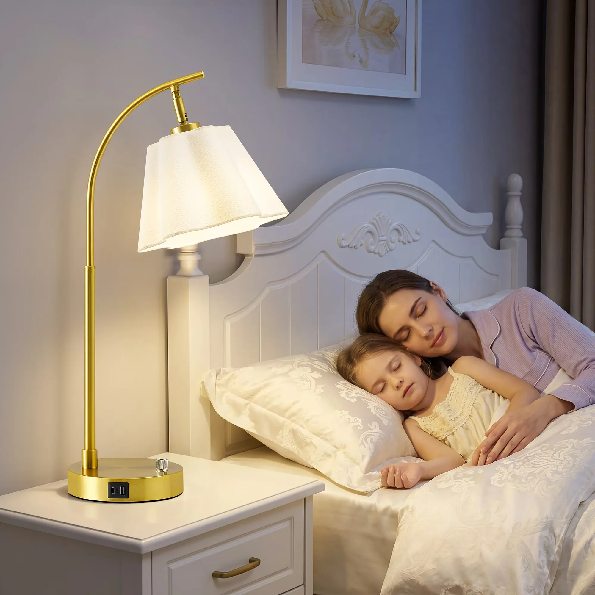 Essential Lamp Set with LED, Adjustable Head, Dimmable - Metal, Fabric White, Gold for Bedroom Model D46DEF