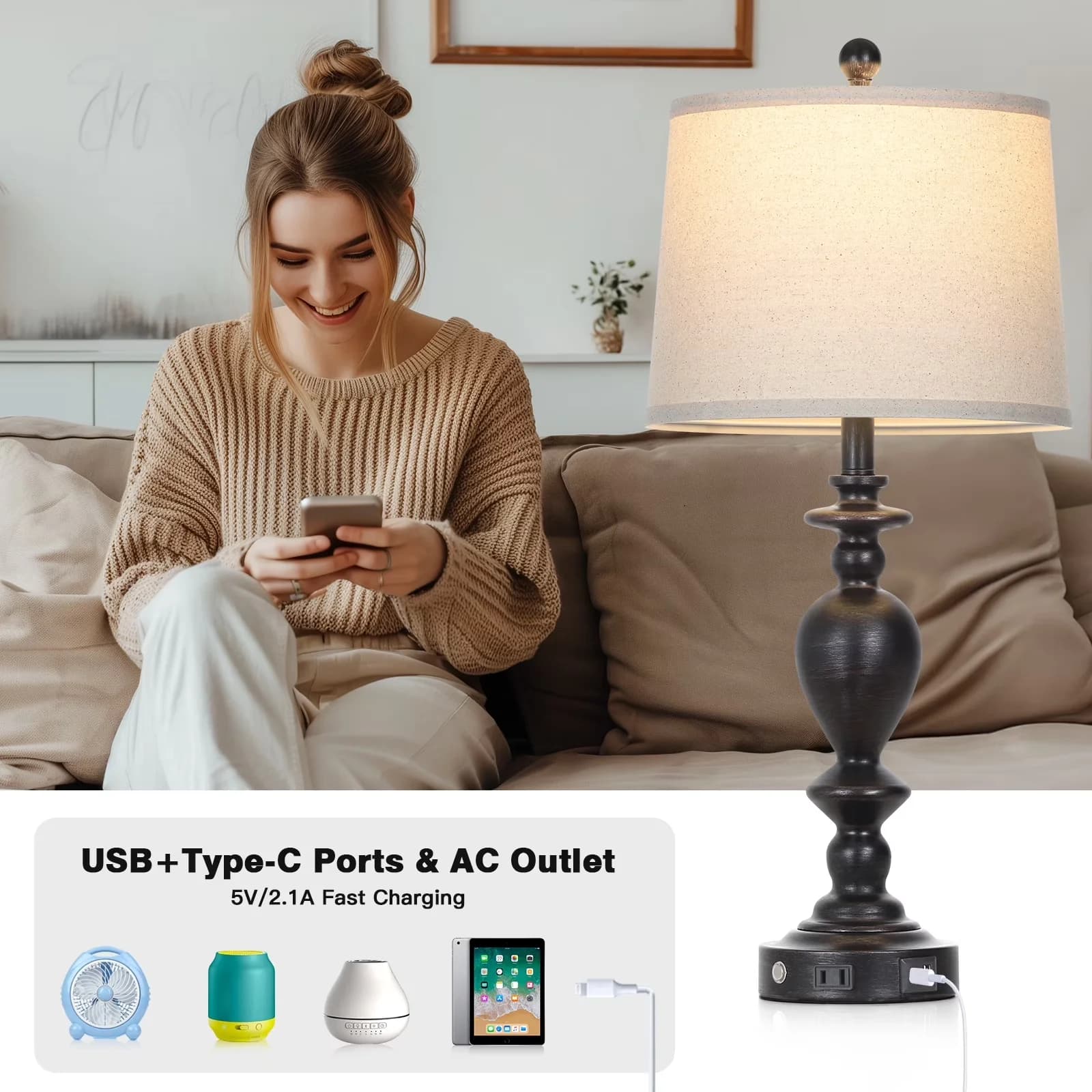 Durable Lamp Set with LED, Touch Sensor, Power Outlet - Black Resin Retro Model 6C4ED3