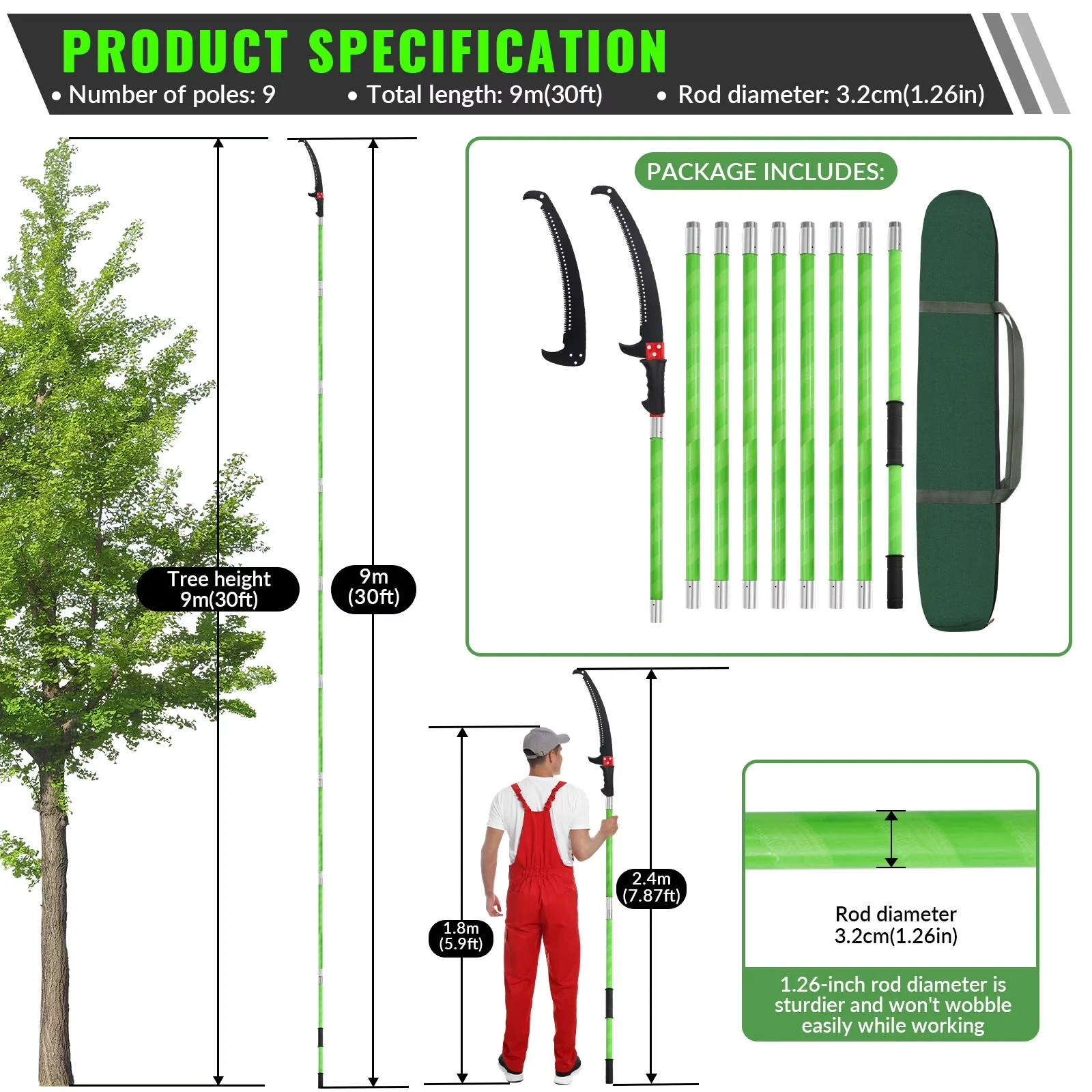 Stylish Pole Saw with Telescoping, Replaceable Cutting Blade - Feet - Satisfaction Guaranteed Model 4C4543