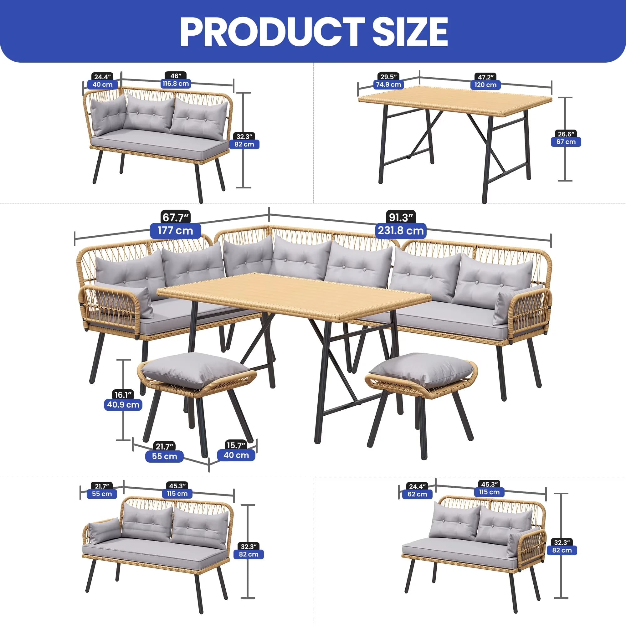 Patio Dining Set Compact with Portable, Modern, Adult 6 Piece Steel Outdoor Sets - Gray Steel Model E8815A