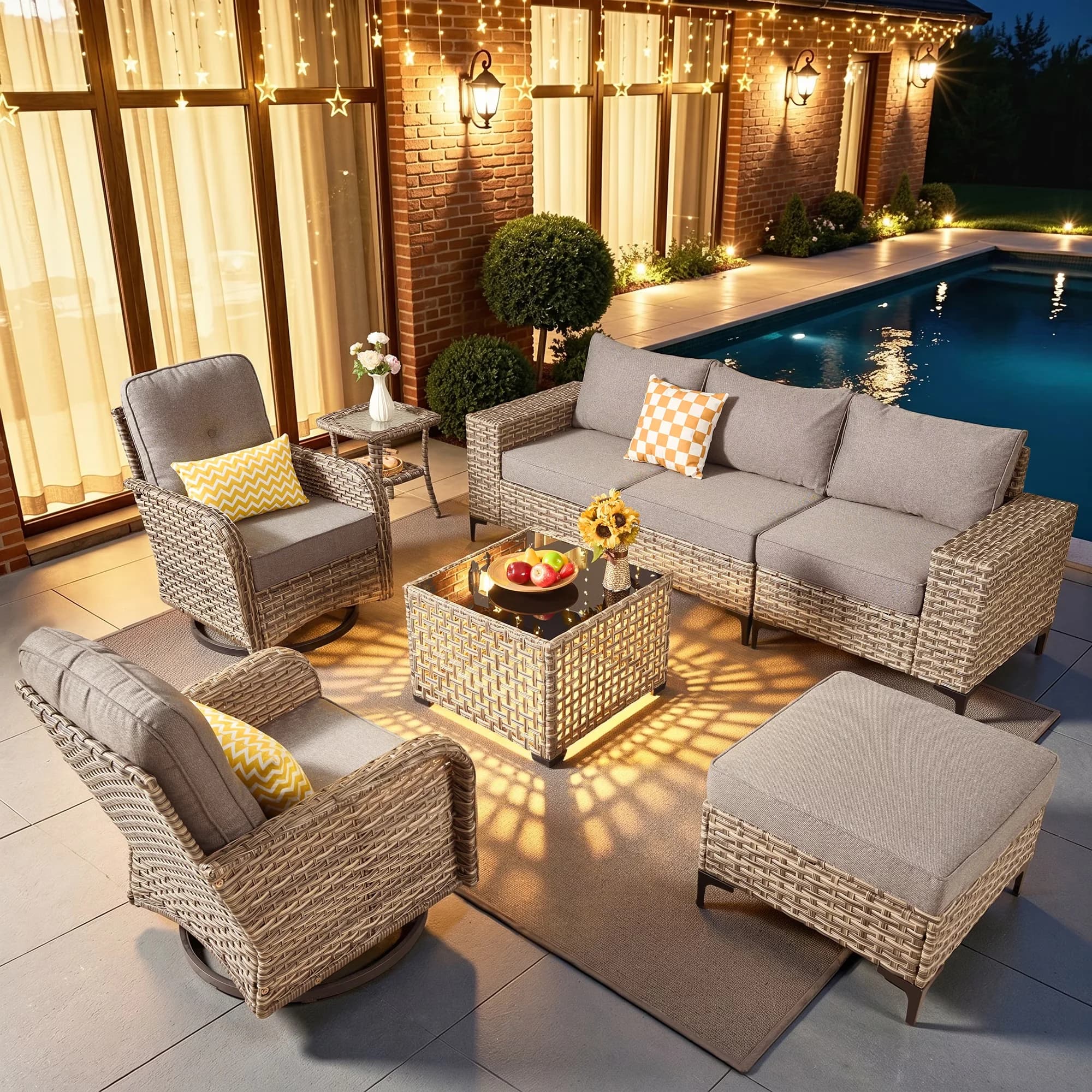 Patio Conversation Set Modern with Weatherproof, Swivel Chairs - Gray Wicker Model 7BF119