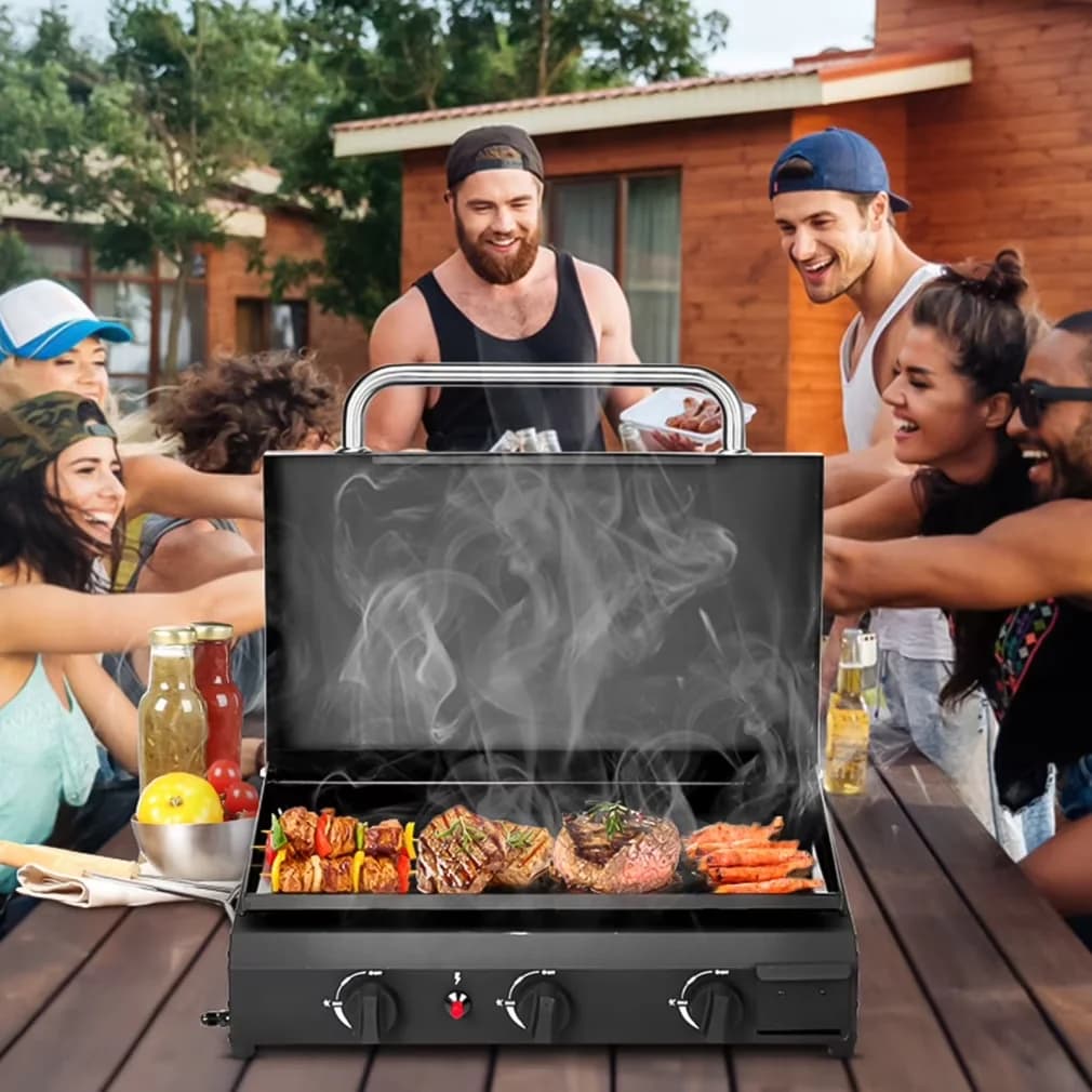 Reliable Flat Top Grill with Portable, Non Stick Ceramic Coated Pan, 3 Burner Gas Griddle Cooking Station - Stainless Steel for... Model A8FE18