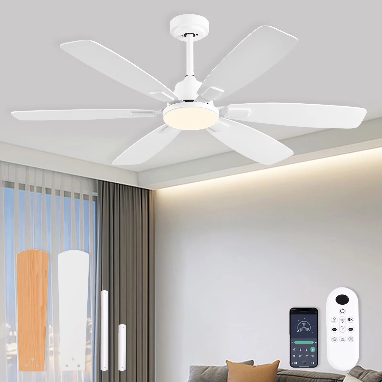 Ceiling Fan Classic with LED, Reversible Blades, Dimmable - White for Bedroom, Indoor Model EF8CCC