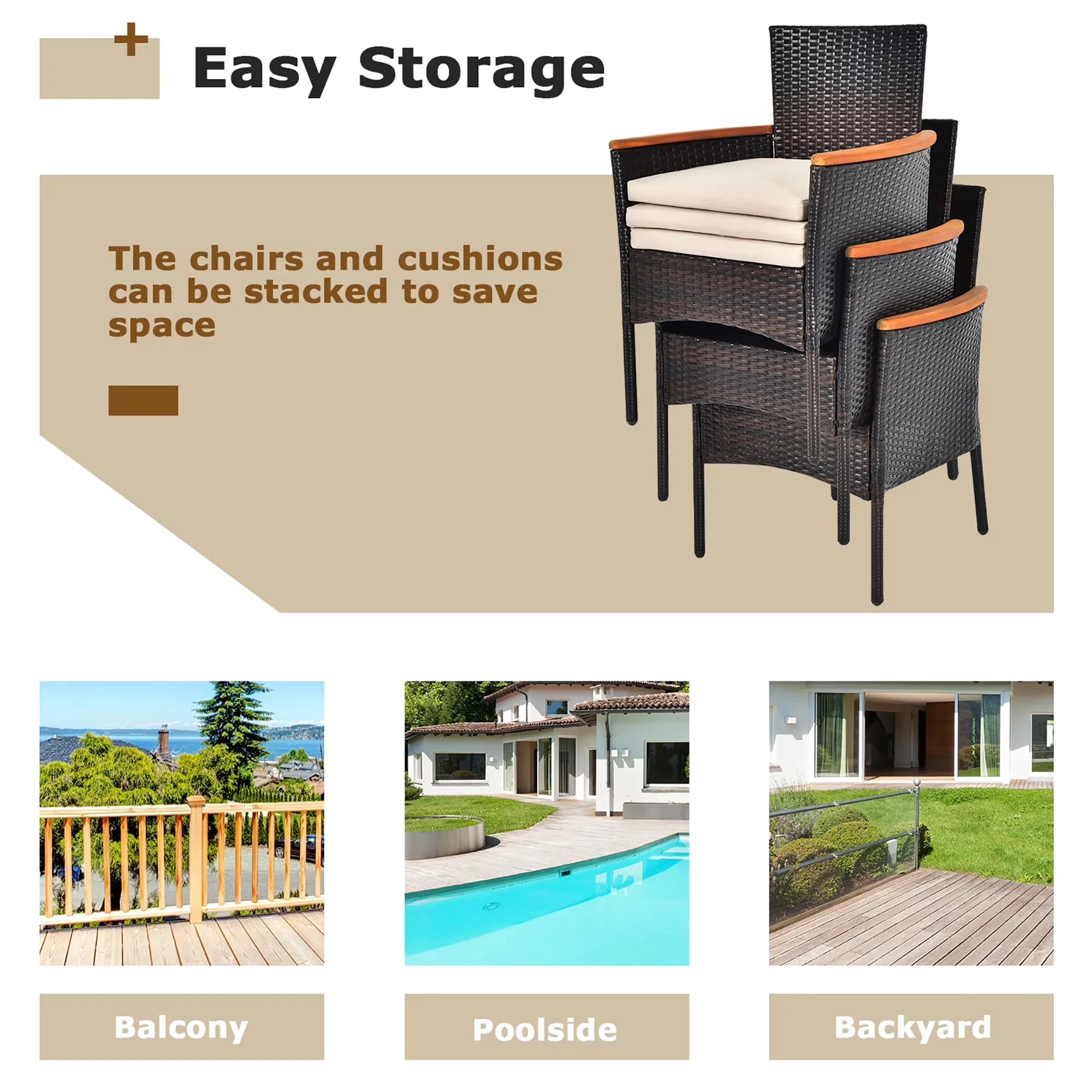 Durable Patio Dining Set with Modern - Brown Acacia Wood, Rattan, Steel, Sponge, Fabric Model B3F380