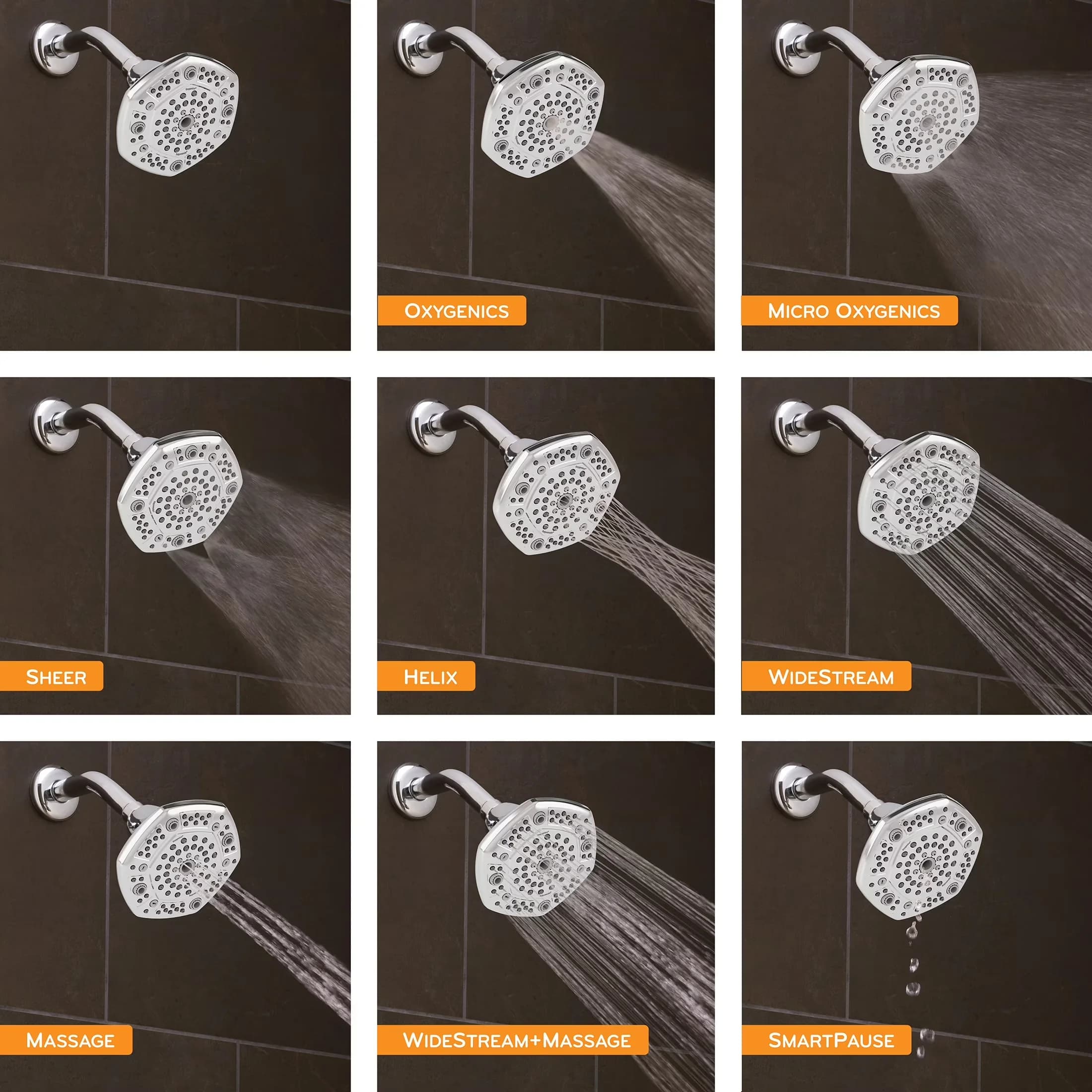 Quality Shower Head with High Pressure, 8 Settings and 4.75-Inch Spray Face - Silver Abs Model 745A15